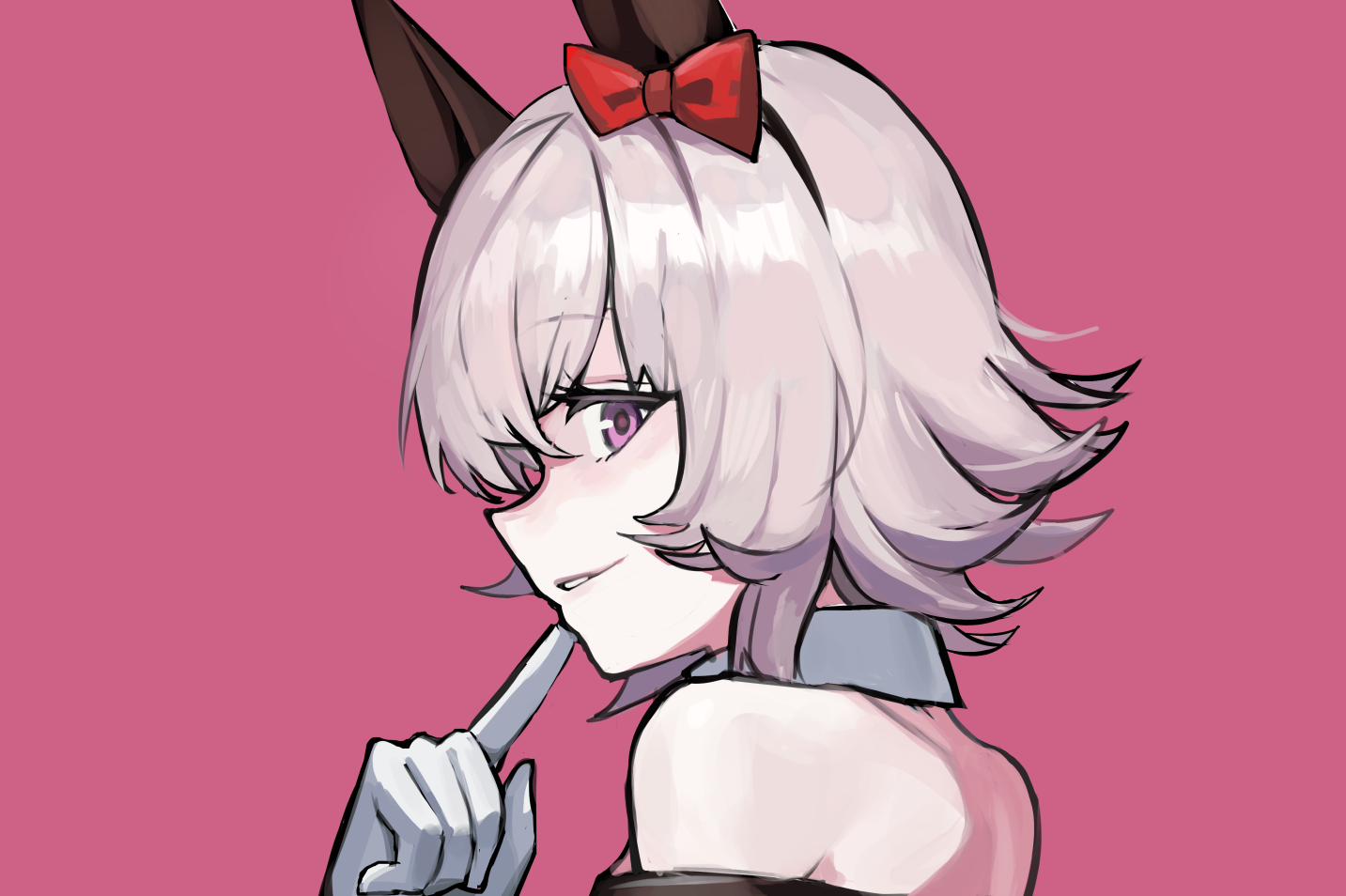solokitsune, curren chan (umamusume), umamusume, 1girl, animal ears, bare shoulders, black hairband, bow, ear bow, finger to own chin, grey hair, hair between eyes, hairband, hand up, horse ears, horse girl, index finger raised, looking at viewer, parted lips, pink eyes, red bow, short hair, smile, solo
