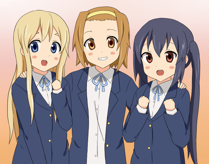 goro (reiremi), hirasawa yui, kotobuki tsumugi, nakano azusa, tainaka ritsu, k-on!, bad id, bad pixiv id, 00s, 3girls, black eyes, blonde hair, blue eyes, brown eyes, brown hair, hime cut, long hair, multiple girls, school uniform, short hair