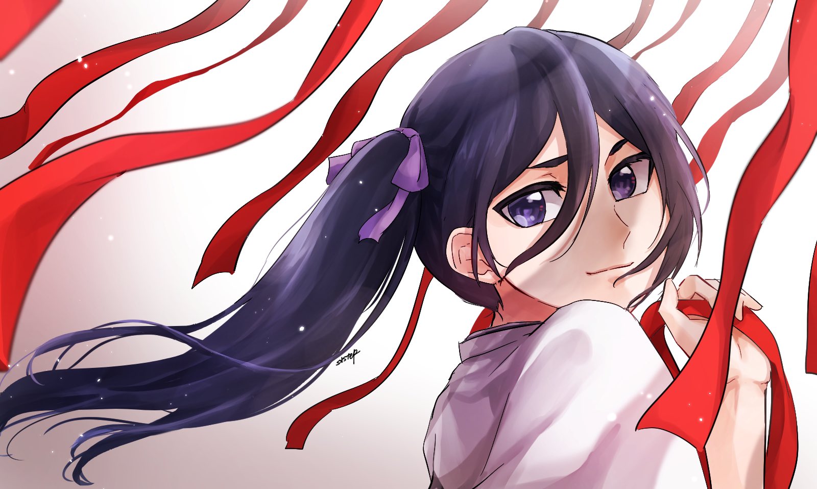 1046sstep btoh, kuchiki rukia, bleach, bleach: epilogue, commentary request, highres, 1girl, black hair, from side, haori, japanese clothes, long hair, looking at viewer, portrait, purple eyes, red ribbon, ribbon, side ponytail, signature, smile, solo, white haori
