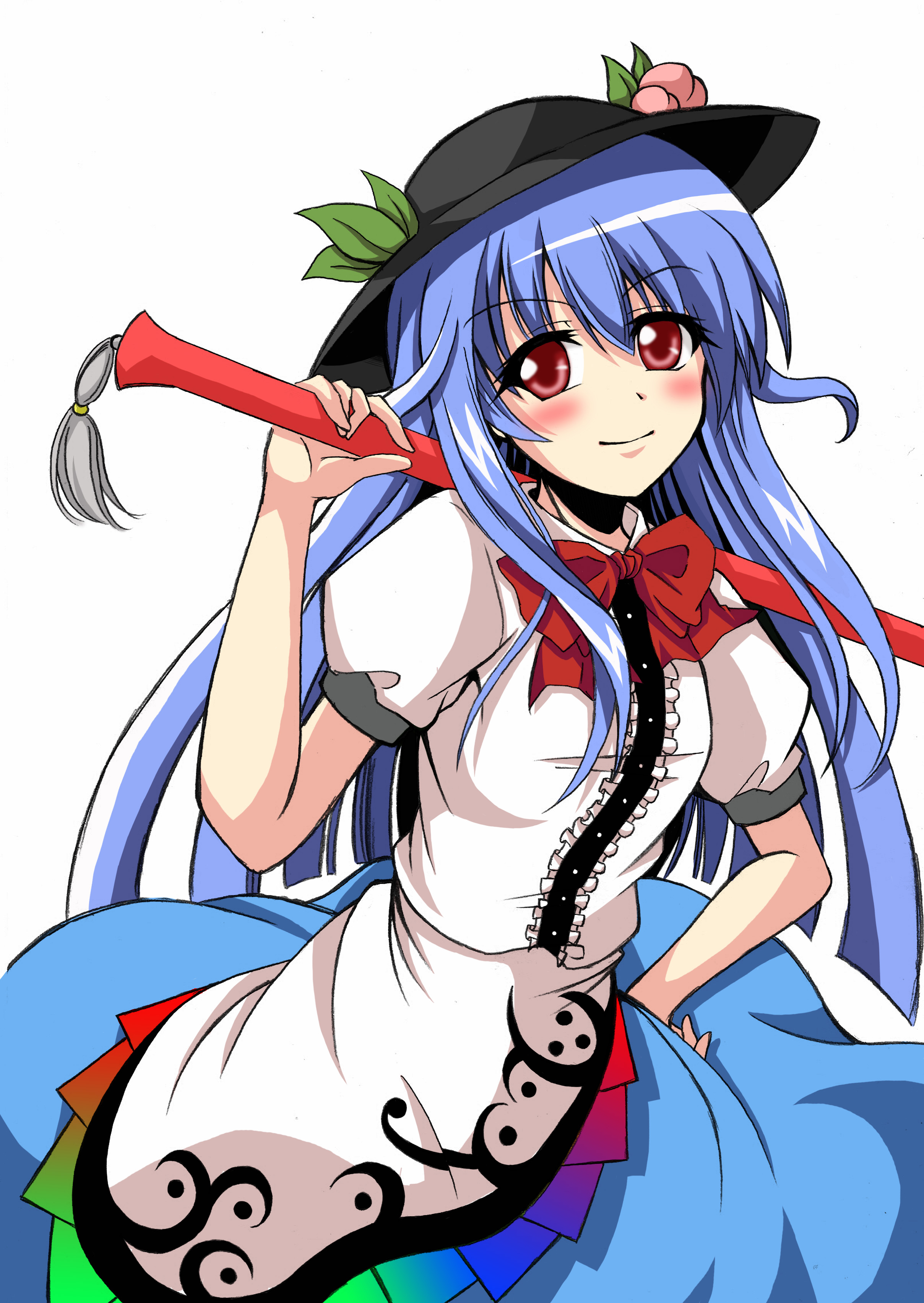 hirayama-h, hinanawi tenshi, touhou, absurdres, highres, 1girl, blue hair, blush, female focus, food, fruit, hat, long hair, peach, red eyes, simple background, smile, solo, standing, sword, sword of hisou, weapon, white background