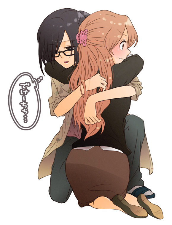 shoushu, sasamoto, usami mayumi, ga geijutsuka art design class, gender request, translated, 00s, androgynous, black eyes, black hair, brown eyes, brown hair, glasses, hair ornament, hairclip, hug, kneeling, long hair, reverse trap, sandals, skirt, sleeves rolled up, yuri