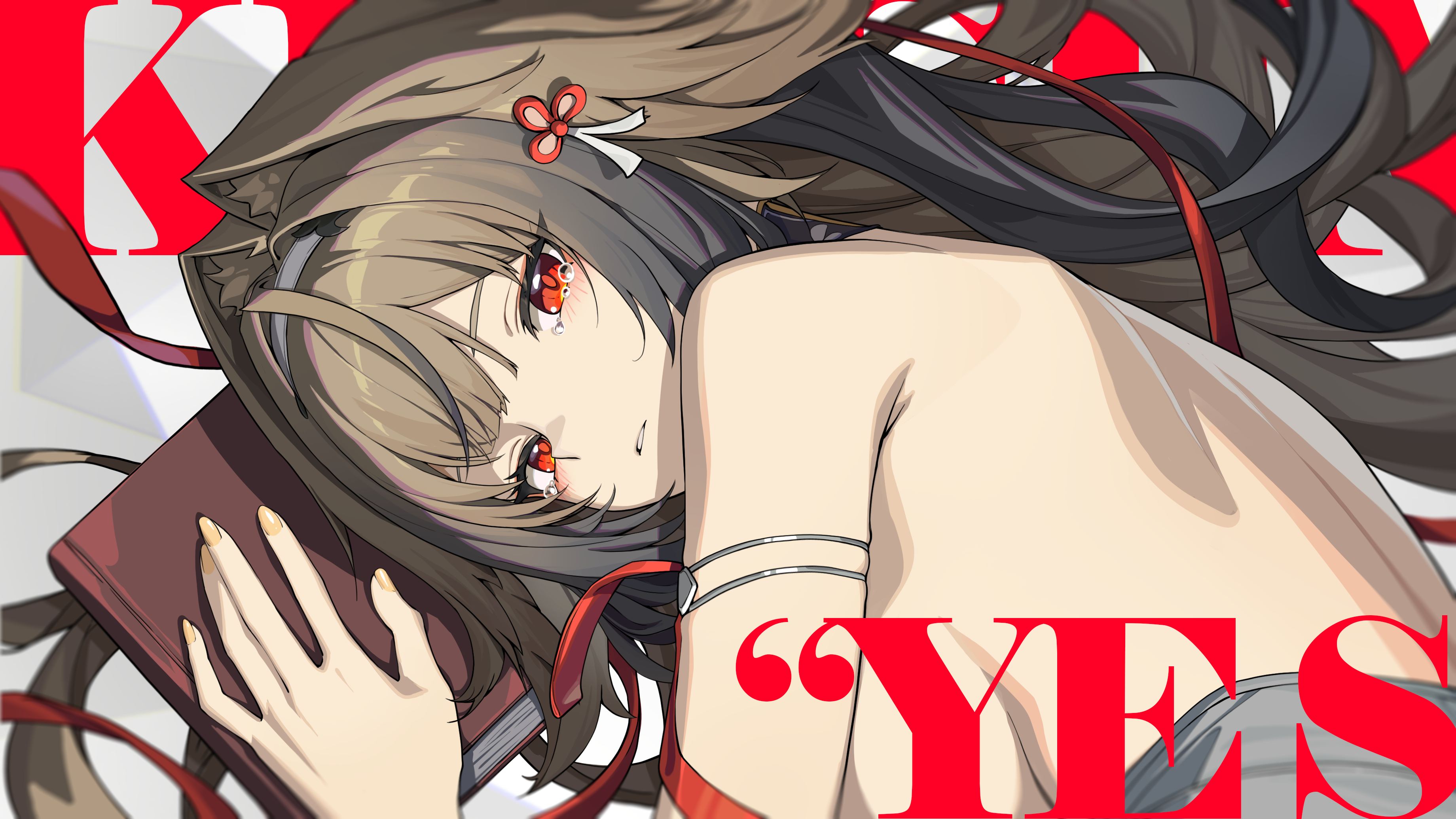 madyy, ye shunguang, zenless zone zero, absurdres, commentary request, duplicate, highres, 1girl, animal ears, bare shoulders, black hair, book, breasts, brown hair, character name, english text, fox ears, fox girl, gradient hair, headband, large breasts, long hair, looking at viewer, mindscape cinema (zenless zone zero), multicolored hair, nail polish, parted lips, red eyes, sideboob, tearing up