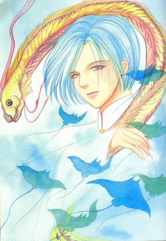 count d, petshop of horrors, 1boy, blue eyes, blue hair, bob cut, earrings, fingernails, fish, heterochromia, jewelry, long fingernails, male focus, manta ray, matching hair/eyes, oarfish, sharp fingernails, short hair, solo, yellow eyes