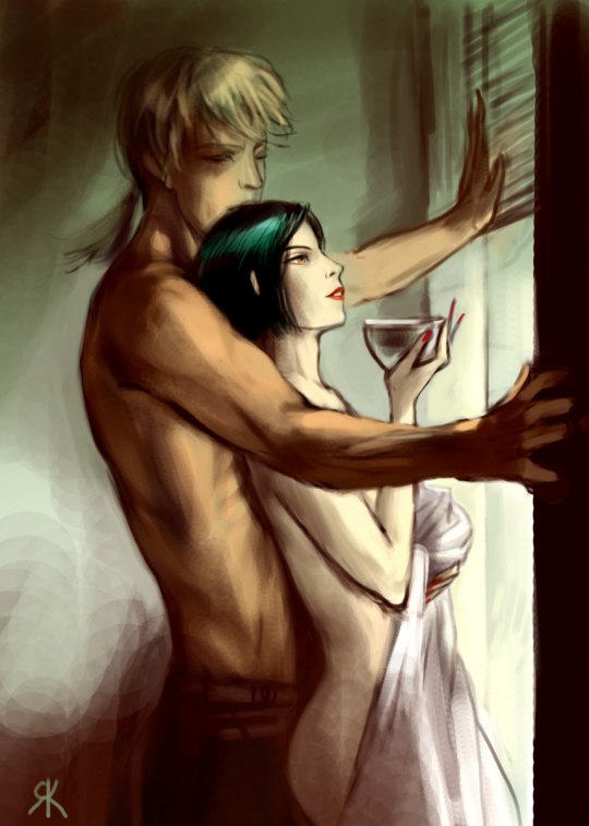 count d, leon orcot, petshop of horrors, bed sheet, black hair, blonde hair, bob cut, bowl, couple, lipstick, looking up, nude, ponytail, short hair, window, window blinds, yaoi