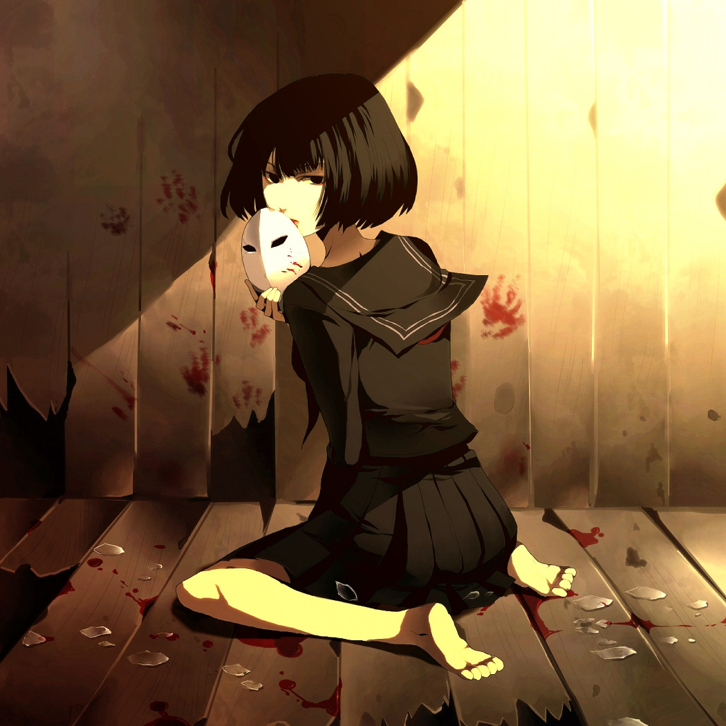 sunakumo, gakkou de atta kowai hanashi, original, 1girl, barefoot, black eyes, black hair, blood, bob cut, broken glass, feet, female focus, glass, kneeling, looking back, mask, school uniform, serafuku, short hair, sitting, soles, solo, wariza, wooden floor