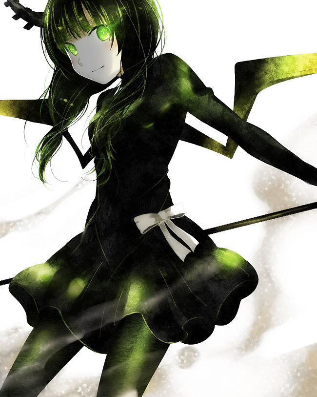 edato, dead master, black rock shooter, bad id, bad pixiv id, 10s, 1girl, black dress, black hair, black leggings, demon wings, dress, female focus, glowing, glowing eyes, green eyes, horns, leggings, long hair, monochrome, ribbon, scythe, smile, solo, wings
