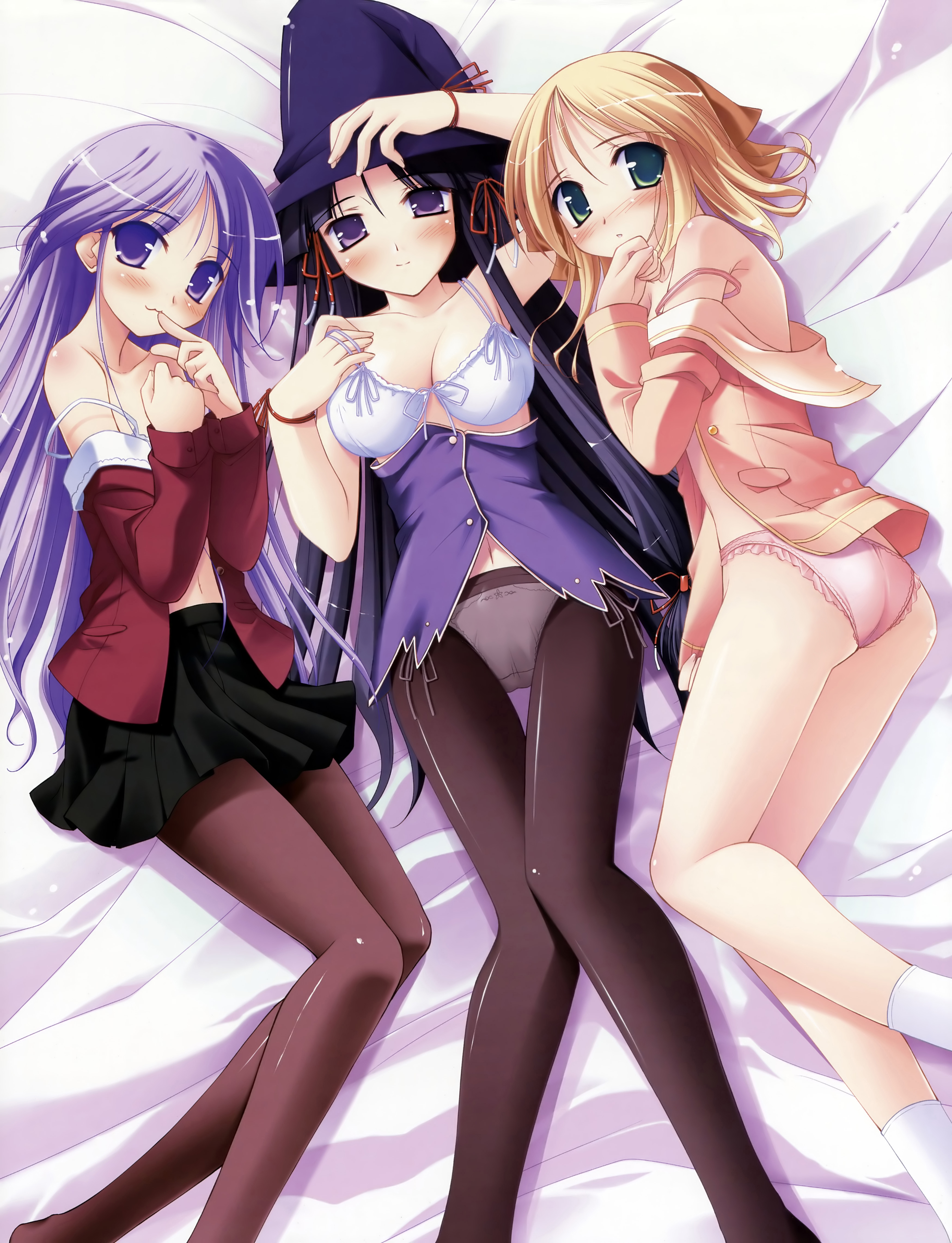 ko~cha, kohinata sumomo, takamine koyuki, watarase jun, happiness!, windmill (company), absurdres, highres, scan, 00s, 1boy, 2girls, black hair, blonde hair, blush, bow, bow bra, bra, breasts, cleavage, crossdressing, green eyes, hat, large breasts, lingerie, long hair, multiple girls, panties, panties under pantyhose, pantyhose, pink bra, pink panties, purple eyes, purple hair, short hair, skirt, smile, strap slip, trap, underwear, undressing, white bra