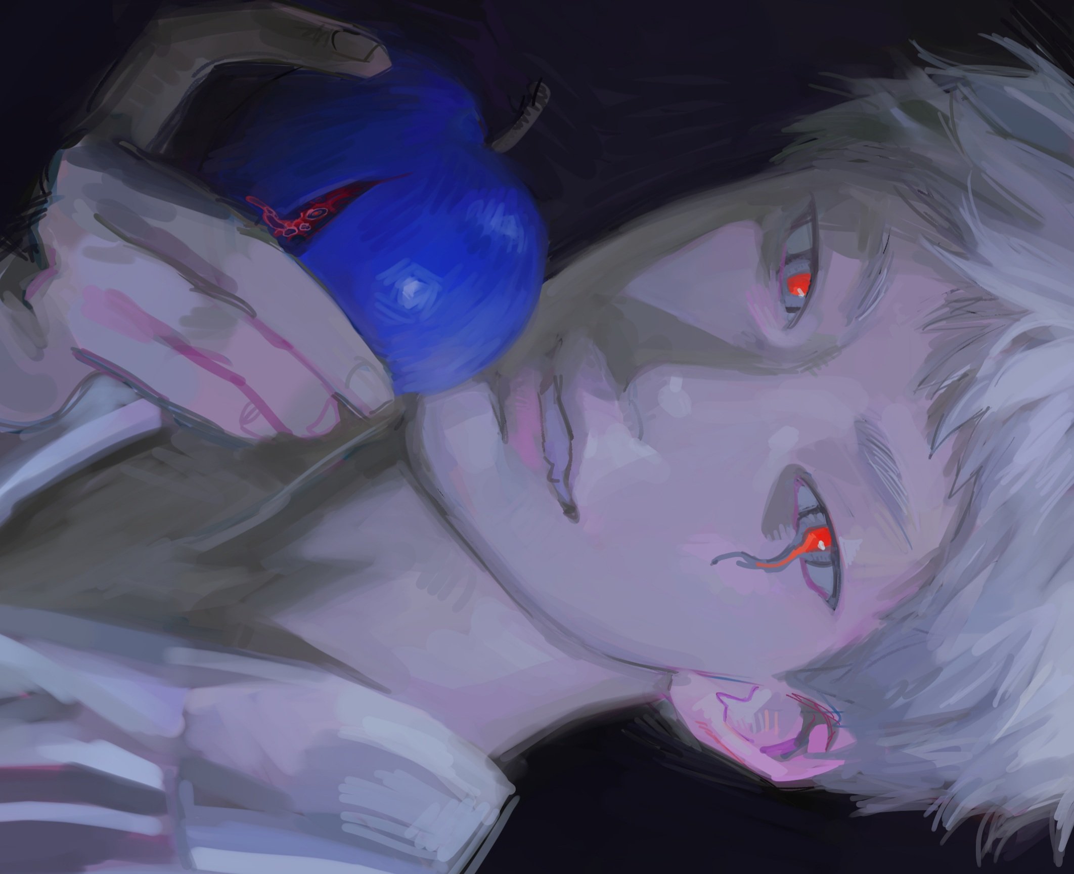 6 teh, indou hikaru, hikaru ga shinda natsu, highres, 1boy, blue apple, collared shirt, food, fruit, holding, holding food, holding fruit, lips, looking at viewer, male focus, melting eyes, nose, red pupils, shirt, short eyebrows, short hair, solo, teeth, white hair, white shirt