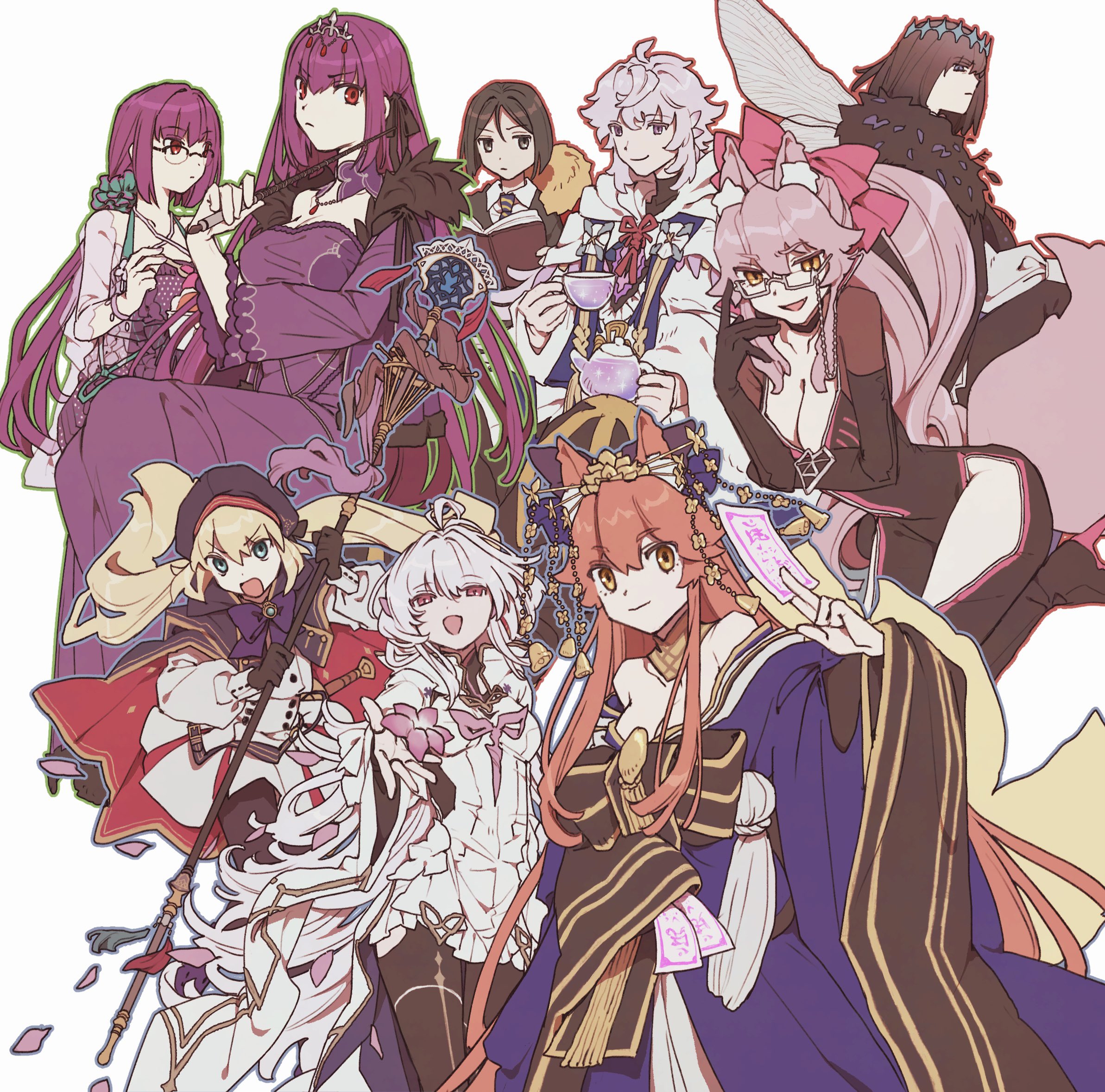 m 12170, artoria caster (fate), artoria caster (second ascension) (fate), artoria pendragon (fate), koyanskaya (assassin) (first ascension) (fate), koyanskaya (fate), merlin (fate), merlin (fate/prototype), oberon (fate), oberon (third ascension) (fate), scathach (fate), scathach skadi (fate), scathach skadi (first ascension) (fate), scathach skadi (swimsuit ruler) (second ascension) (fate), tamamo no mae (fate), tamamo no mae (third ascension) (fate), waver velvet, waver velvet (zhuge liang), fate/grand order, fate (series), highres, 3boys, 6+girls, animal ears, beret, between fingers, black bodysuit, blue kimono, bodysuit, book, cape, cup, dress, flower, fox ears, fox tail, glasses, hair ornament, hairpin, hat, holding, holding staff, holding wand, insect wings, japanese clothes, kimono, mage staff, multiple boys, multiple girls, multiple hairpins, necktie, ofuda, ofuda between fingers, open book, pink flower, purple dress, smile, staff, striped necktie, tail, teacup, teapot, tiara, twintails, wand, white dress, wings