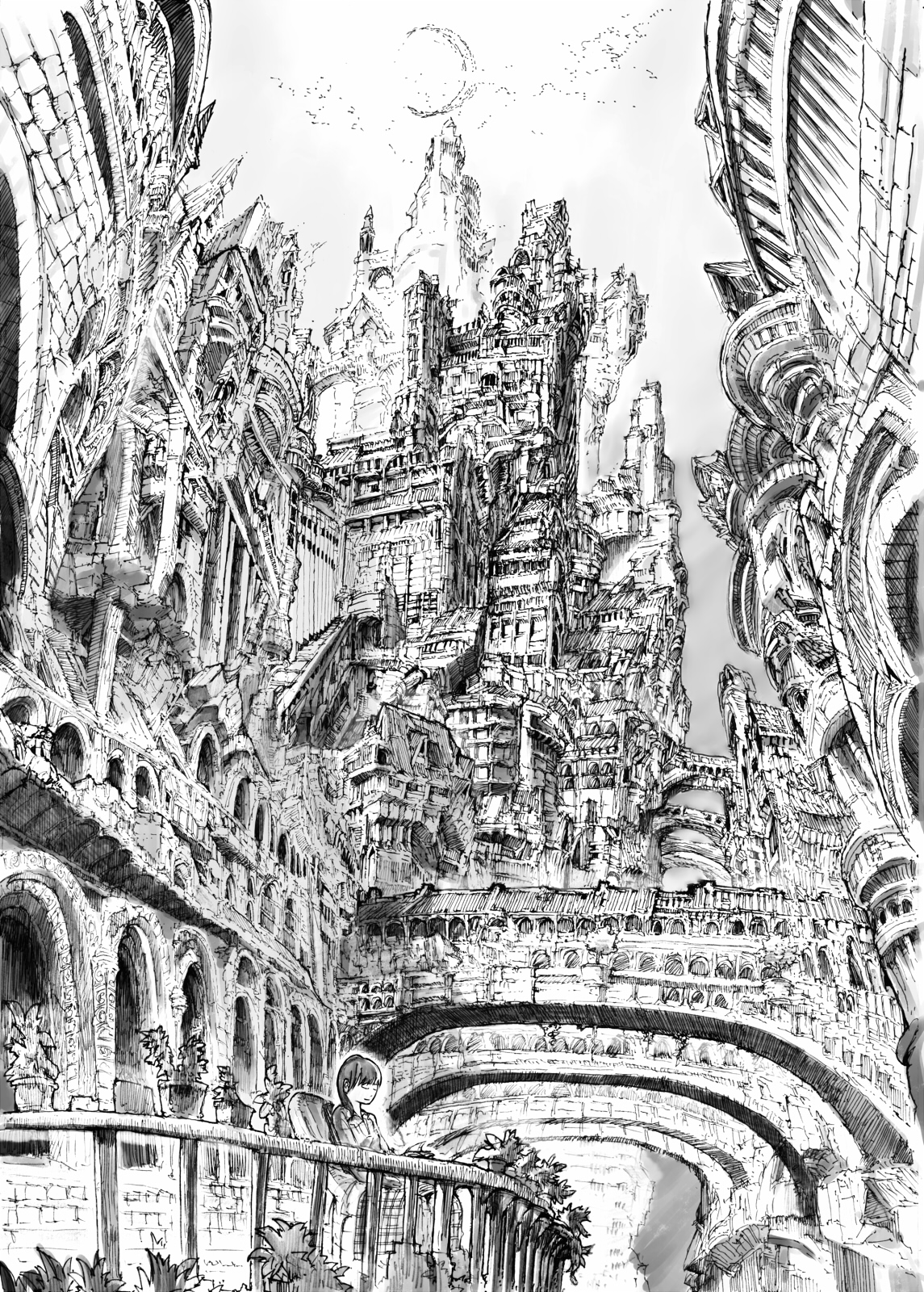 magu, maguon, original, highres, bridge, building, cityscape, crescent moon, grand scale, greyscale, monochrome, moon, scenery, tower