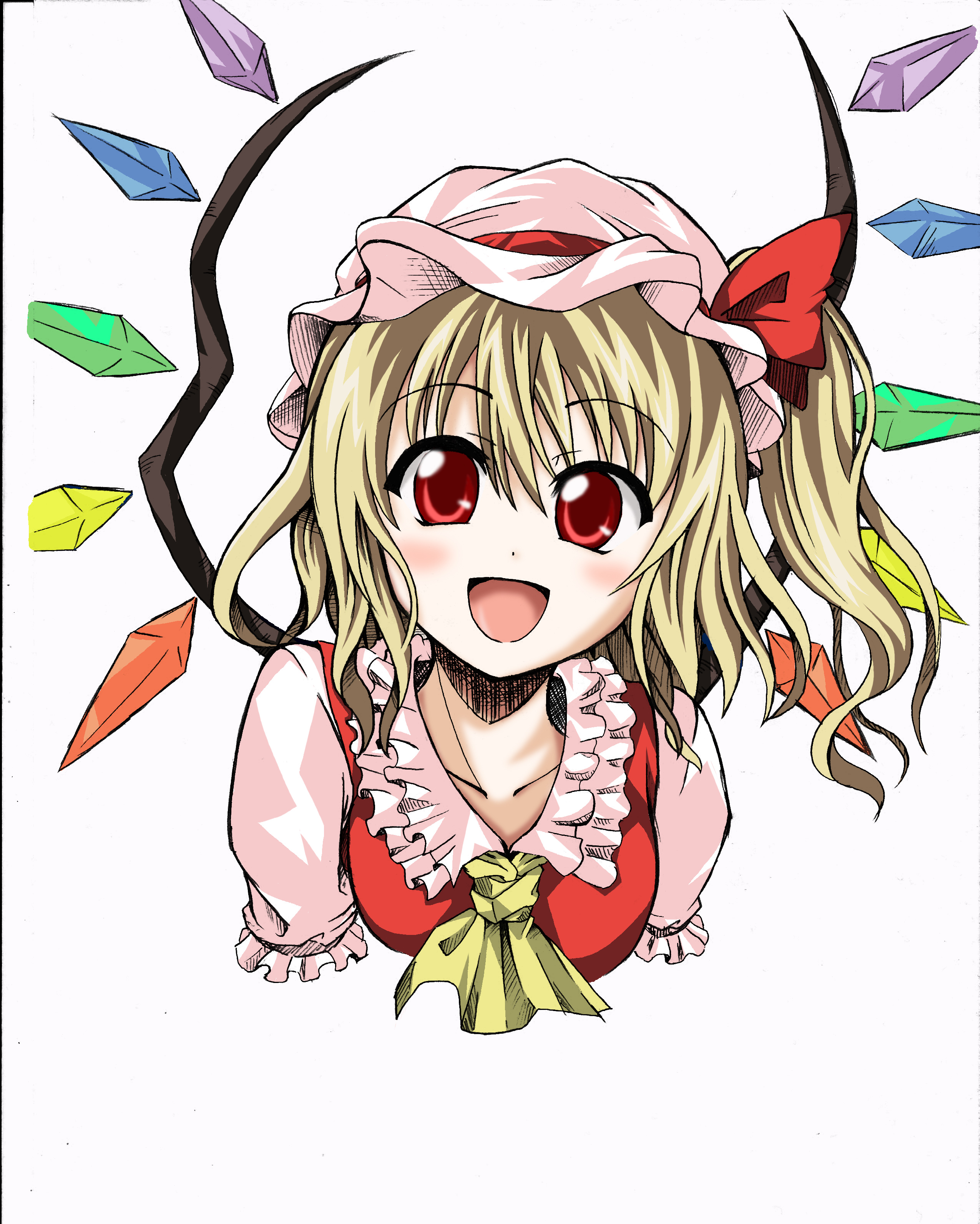 hirayama-h, flandre scarlet, touhou, absurdres, highres, 1girl, blonde hair, blouse, female focus, hat, mob cap, ponytail, red eyes, shirt, solo, upper body, white hat, white shirt