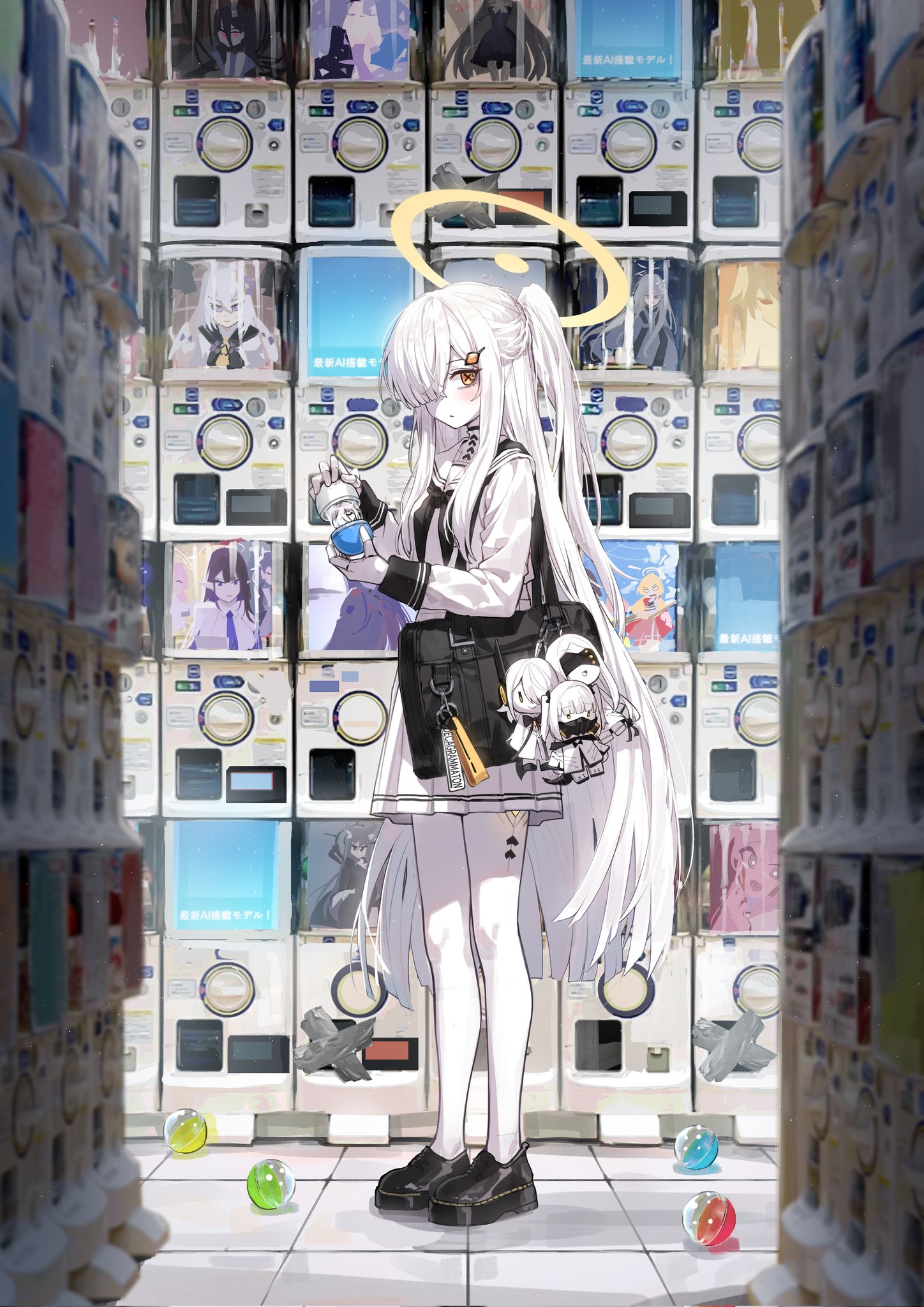 kokukyukeo, ein (blue archive), malkuth (blue archive), ohr (blue archive), sof (blue archive), blue archive, highres, 1girl, bag, black bag, black neckerchief, black shoes, character doll, doll, gashapon, hair over one eye, halo, long hair, neckerchief, one side up, school uniform, serafuku, shirt, shoes, shoulder bag, skirt, solo, symbol-shaped pupils, very long hair, white hair, white serafuku, white shirt, white skirt, x-shaped pupils, yellow eyes, yellow halo