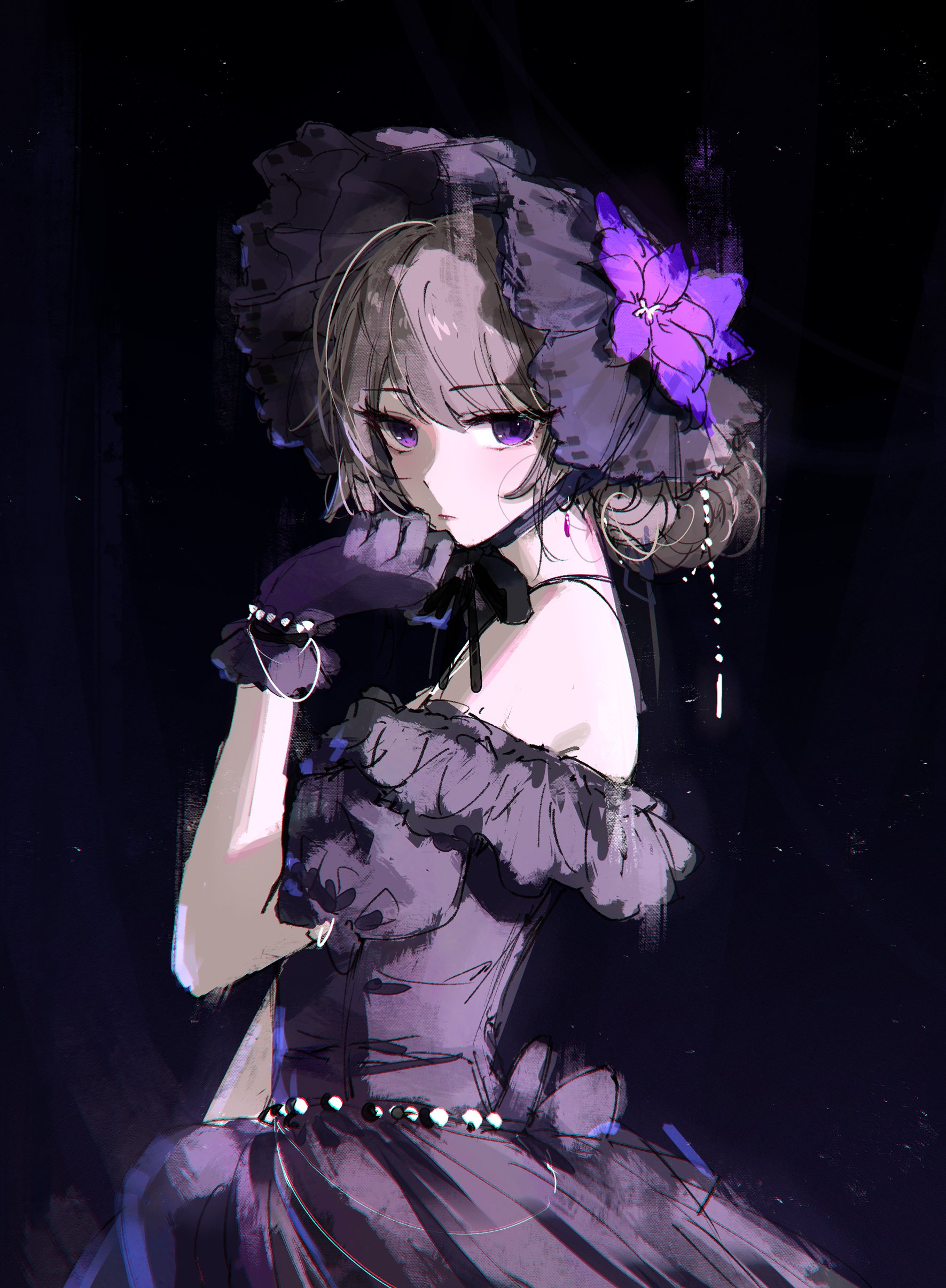 feint721, herta (honkai: star rail), the herta (honkai: star rail), honkai: star rail, honkai (series), absurdres, highres, 1girl, alternate costume, alternate hairstyle, bare shoulders, brown hair, closed mouth, dress, flower, from side, gloves, hair up, hand up, looking at viewer, looking to the side, purple dress, purple eyes, purple flower, purple gloves, short hair, solo