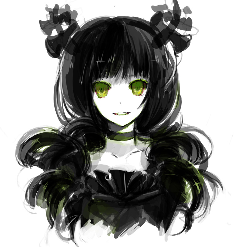 i-riya, dead master, black rock shooter, bad id, bad pixiv id, 10s, black hair, curly hair, fangs, green eyes, horns, long hair, pale skin, simple background, smile, solo