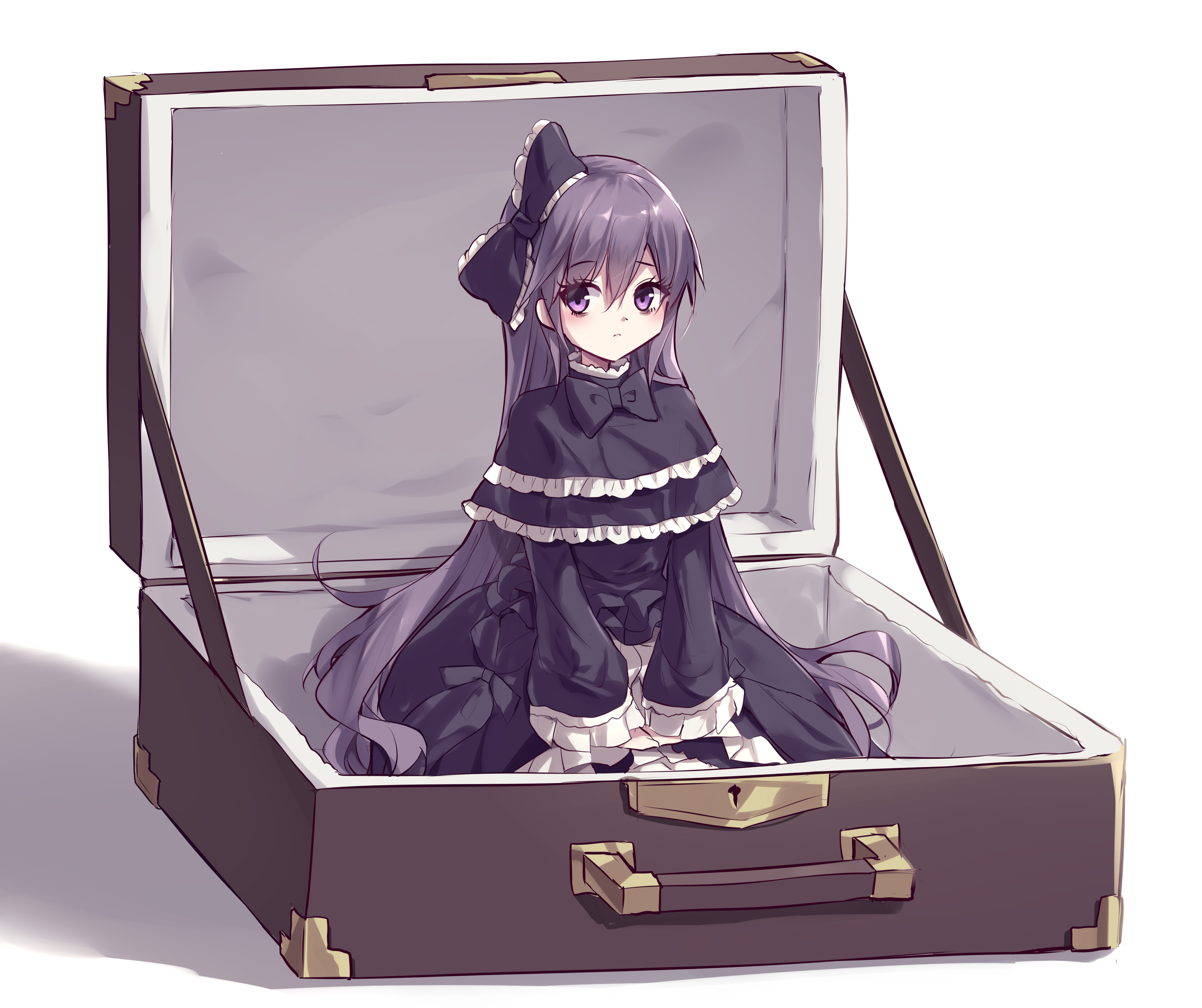 kanzakietc, ghost belle & haunted mansion, yu-gi-oh!, absurdres, commentary request, highres, 1girl, black bow, black dress, black hair, bow, closed mouth, dress, duel monster, frilled bow, frilled dress, frilled sleeves, frills, goth fashion, hair between eyes, hair bow, hair ornament, long hair, long sleeves, open suitcase, simple background, solo, suitcase, very long hair, white background