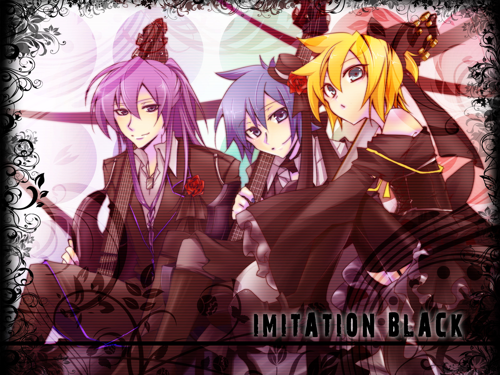 haru aki, kagamine len, kaito (vocaloid), kamui gakupo, imitation black (vocaloid), vocaloid, highres, 3boys, aqua eyes, bass guitar, black dress, blonde hair, blue eyes, blue hair, crossdressing, crossdressing (mtf), dress, flower, guitar, hair ribbon, instrument, long hair, male focus, multiple boys, ponytail, purple hair, ribbon, rose, short hair, sitting, smile, thighhighs, trap