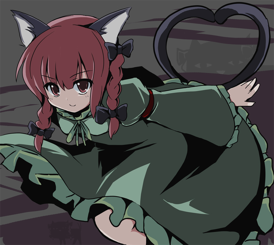 fa no hito, kaenbyou rin, touhou, <o> <o>, 1girl, animal ears, bow, braid, cat ears, cat girl, cat tail, dress, female focus, green dress, hair bow, heart, heart tail, kneeling, leaning forward, multiple hair bows, multiple tails, red eyes, red hair, short hair, smile, solo, tail, twin braids, twintails