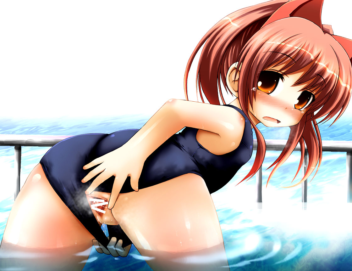 fujisaka lyric, aloe, aloe (quiz magic academy), quiz magic academy, 1girl, animal ears, blush, brown eyes, cat ears, censored, clothing aside, female focus, loli, long hair, looking back, nose blush, one-piece swimsuit, partially submerged, pussy, red hair, school swimsuit, smell, solo, spread pussy, spreading own pussy, steam, swimsuit, swimsuit aside, water