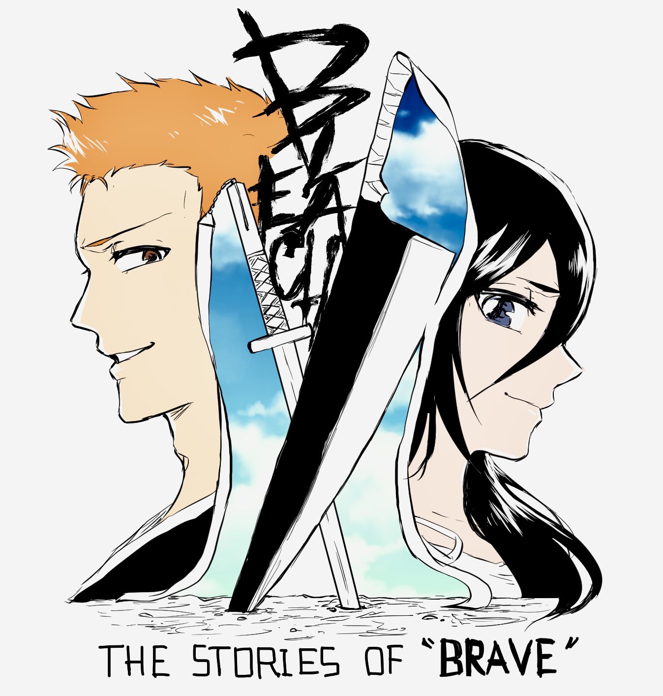 1046sstep btoh, kuchiki rukia, kurosaki ichigo, bleach, bleach: epilogue, commentary request, highres, 1boy, 1girl, black hair, blue eyes, copyright name, english text, long hair, orange eyes, orange hair, planted, planted sword, planted weapon, smile, sode no shirayuki (shikai), sword, weapon, zangetsu (shikai), zanpakutou