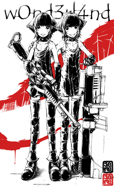 j-e-m-g, tweedledee (wonderland), tweedledum (wonderland), alice's adventures in wonderland, gender request, androgynous, bare shoulders, dress, flat chest, frown, gun, monochrome, red theme, rifle, smile, sundress, thighhighs, weapon, wind turbine, windmill, zettai ryouiki