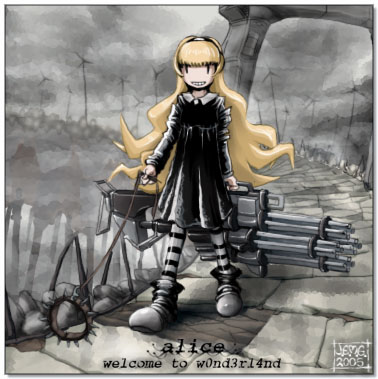 j-e-m-g, alice (alice in wonderland), alice's adventures in wonderland, gundam, multicolored legwear, lowres, blonde hair, collar, dress, gatling gun, grin, gun, hairband, huge weapon, invisible, leash, leggings, long hair, machine gun, pantyhose, path, road, smile, socks, solo, striped clothes, striped pantyhose, weapon, what, wind turbine, windmill