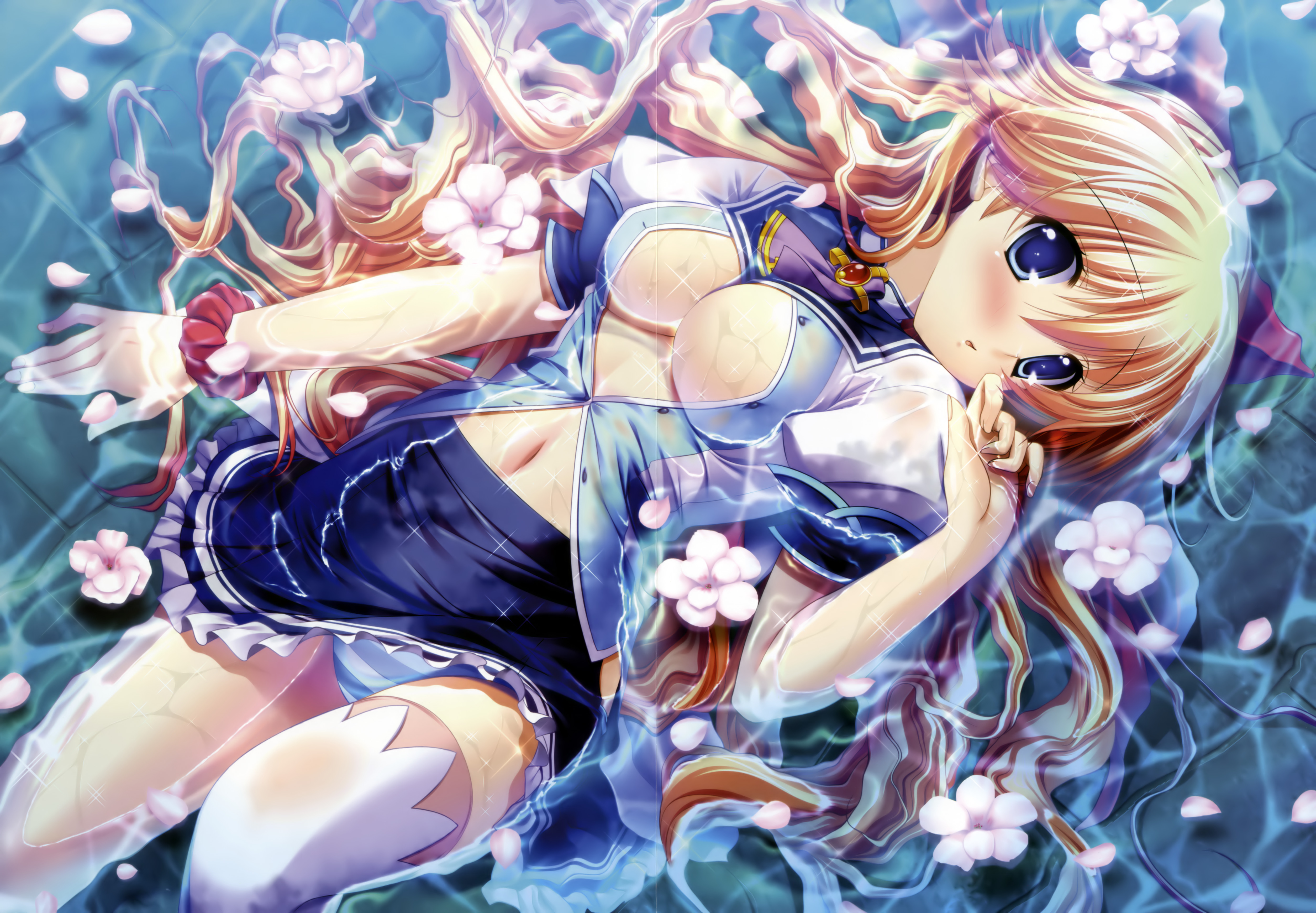 izumi tsubasu, mitsumomo mamu, fiorelia inbrulia, mercuria, absurdres, highres, 1girl, blonde hair, blue eyes, blush, breasts, cleavage, female focus, flower, large breasts, long hair, navel, open clothes, open shirt, panties, partially submerged, shiny skin, shirt, solo, striped clothes, striped panties, thighhighs, underwear, water, wet, wet clothes