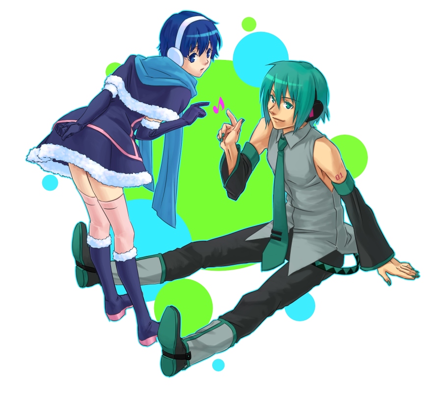 afternine, suguru (godai fifth), hatsune mikuo, kaiko (vocaloid), vocaloid, 1boy, 1girl, aqua eyes, aqua hair, blue eyes, blue hair, boots, detached sleeves, elbow gloves, genderswap, genderswap (ftm), genderswap (mtf), gloves, headphones, musical note, necktie, short hair, sitting, skirt, smile, thighhighs, zettai ryouiki