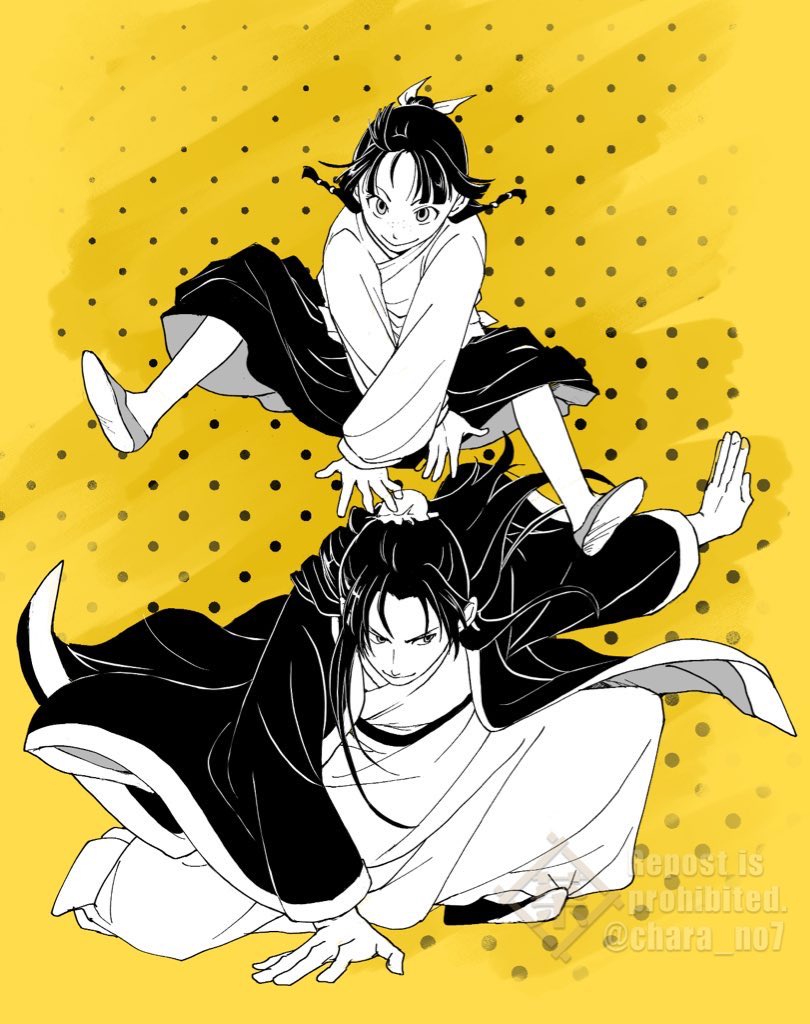 jinshi (kusuriya no hitorigoto), maomao (kusuriya no hitorigoto), kusuriya no hitorigoto, 1boy, 1girl, beads, black hair, black skirt, blunt bangs, bun cover, chara no7, chinese clothes, closed mouth, flats, freckles, full body, hair beads, hair bun, hair ornament, hair ribbon, half updo, jumping, leap frog, long skirt, lunging, monochrome, parted bangs, ribbon, shirt, sidelocks, skirt, smile, twitter username, white shirt, yellow background