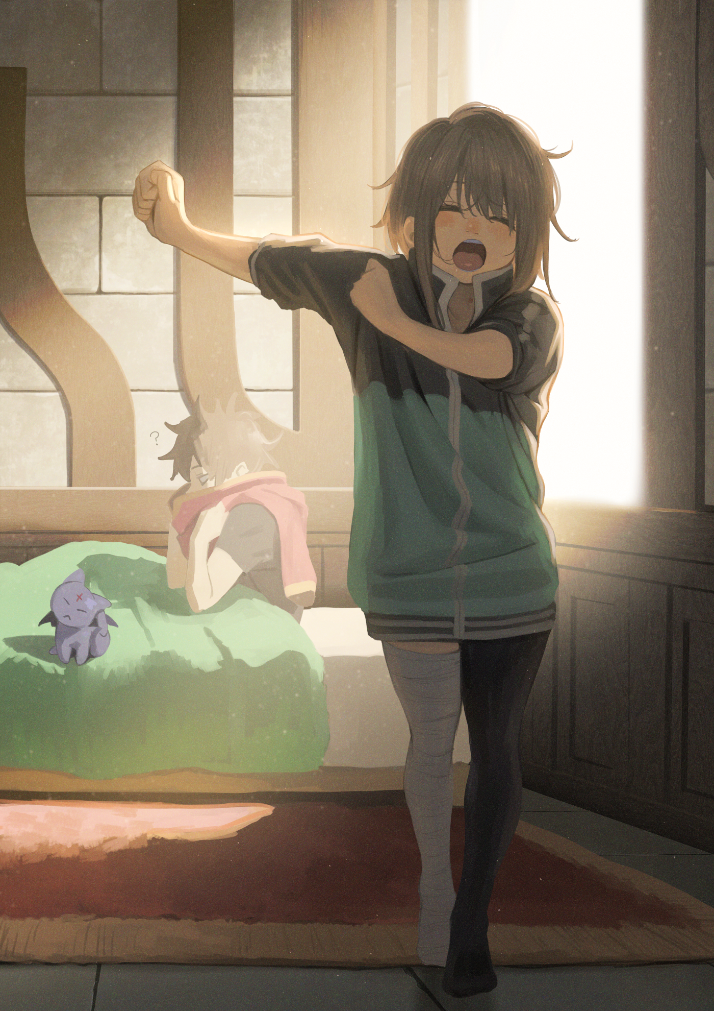 izawa (bhive003), megumin, satou kazuma, kono subarashii sekai ni shukufuku wo!, highres, 1boy, 1girl, bandaged leg, bandages, bed, black jacket, black thighhighs, blush, brown hair, cat, full body, green jacket, indoors, jacket, morning after, no shoes, outstretched arm, short hair, standing, stone wall, thighhighs, window, yawning