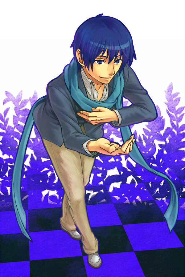 afternine, suguru (godai fifth), kaito (vocaloid), vocaloid, world is mine (vocaloid), 1boy, blue eyes, blue hair, blue scarf, bowing, male focus, matching hair/eyes, scarf, short hair, smile, solo