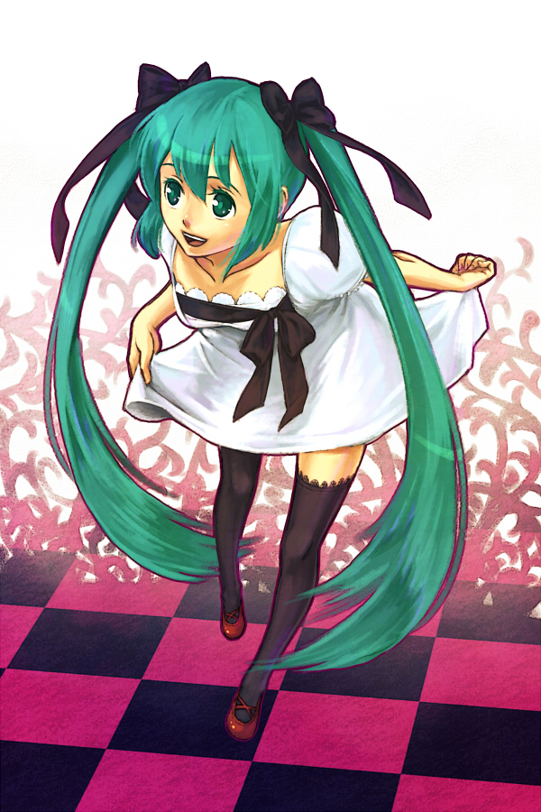 afternine, suguru (godai fifth), hatsune miku, vocaloid, world is mine (vocaloid), 1girl, aqua eyes, aqua hair, bowing, dress, female focus, full body, hair ribbon, long hair, ribbon, shoes, short dress, smile, solo, thighhighs, twintails, very long hair, zettai ryouiki