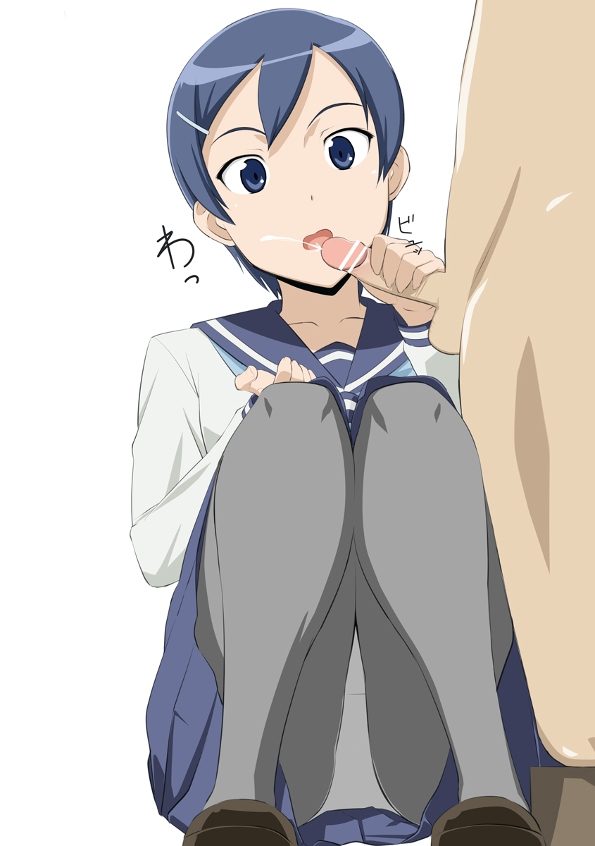 an-atlas, tsukubae tomoe, taishou yakyuu musume, highres, 00s, 1girl, bar censor, blue hair, censored, cum, handjob, panties, panties under pantyhose, pantyhose, pantyshot, penis, school uniform, serafuku, short hair, sitting, solo focus, underwear