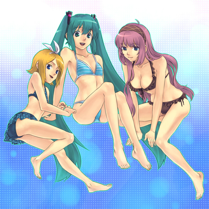 afternine, suguru (godai fifth), hatsune miku, kagamine rin, megurine luka, vocaloid, 3girls, aqua eyes, aqua hair, barefoot, bikini, blonde hair, blue eyes, brown bikini, feet, flat chest, hair ribbon, long hair, multiple girls, pink hair, ribbon, short hair, side-tie bikini bottom, smile, swimsuit, twintails, very long hair