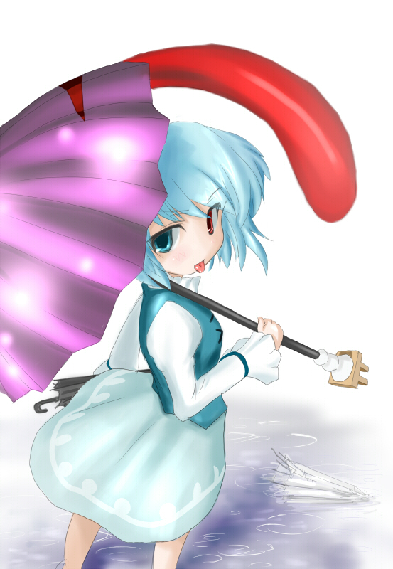 inyucchi, tatara kogasa, touhou, 1girl, :p, blue hair, female focus, heterochromia, karakasa obake, looking back, short hair, solo, tongue, tongue out, umbrella