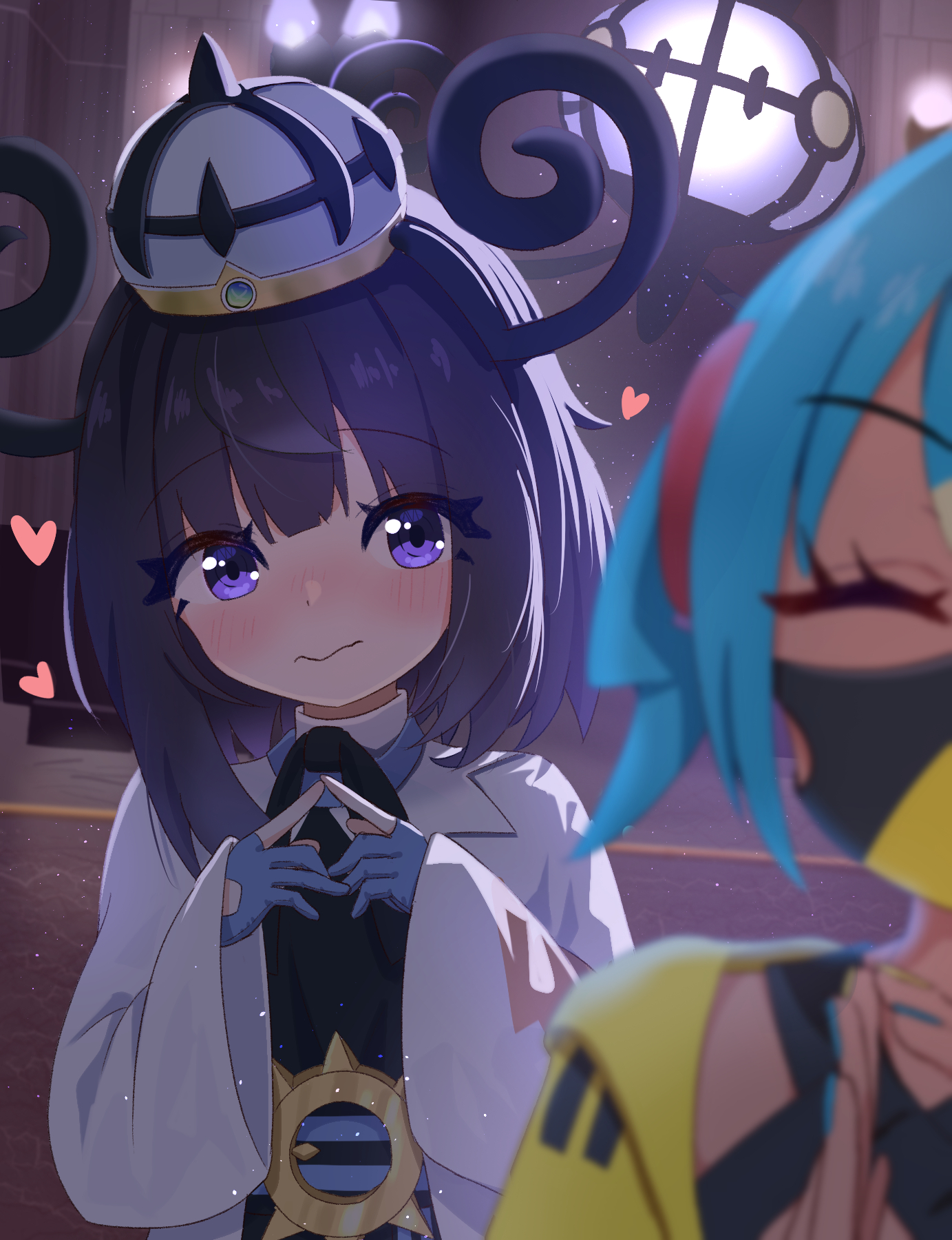 mikumiku37, canari (pokemon), chandelure, gwynn (pokemon), nintendo, pokemon, pokemon legends: z-a, highres, blue gloves, coat, gen 5 pokemon, gloves, hat, long sleeves, purple eyes, short hair, white coat