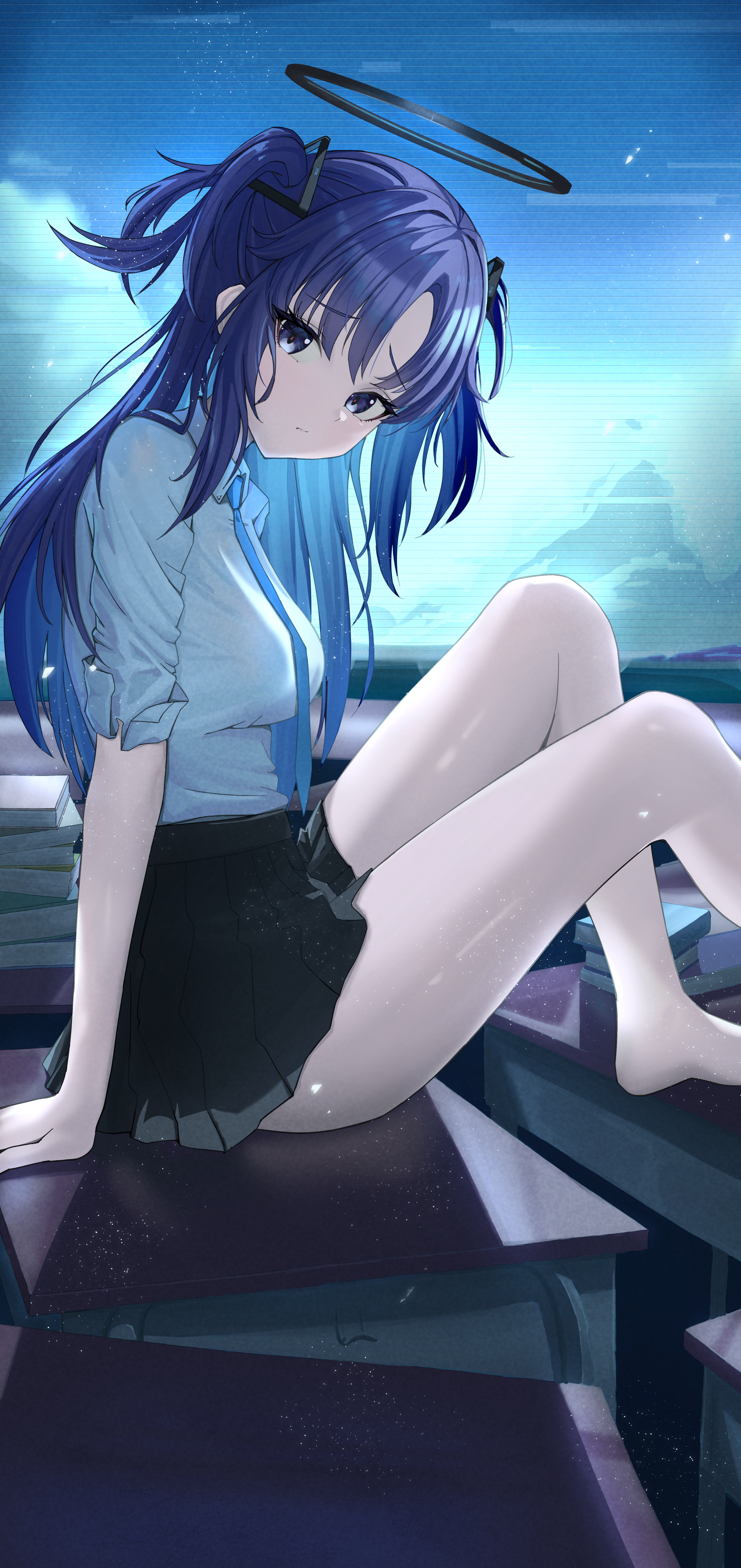 yuuka (blue archive), blue archive, absurdres, commentary request, highres, 1girl, black skirt, blue necktie, breasts, collared shirt, fanfanta 152, hair behind ear, hair ornament, halo, indoors, long hair, looking at viewer, mechanical halo, necktie, on table, pleated skirt, purple eyes, purple hair, shirt, skirt, table, thighs, triangle hair ornament, twintails, white shirt