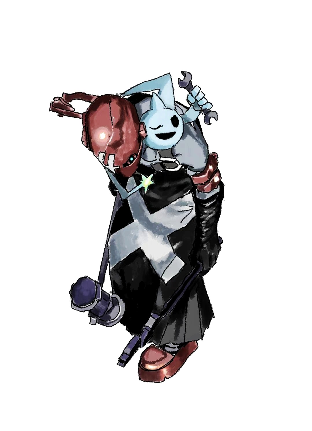 soccerobsidian, ippon-datara (megami tensei), shin megami tensei, chinese commentary, commentary request, highres, 2boys, apron, black apron, black gloves, blue eyes, colored skin, demon (megami tensei), gloves, gremlin (megami tensei), grey skin, holding, holding weapon, holding wrench, male focus, multiple boys, one eye closed, simple background, smile, standing, weapon, white background, wrench