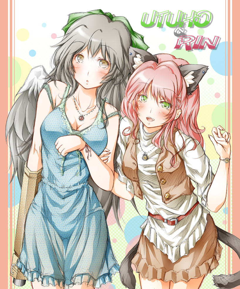 kemu inu, kaenbyou rin, reiuji utsuho, touhou, 2girls, alternate costume, animal ears, black hair, blush, cat ears, cat girl, cat tail, contemporary, dress, female focus, long hair, multiple girls, red hair, tail, wings