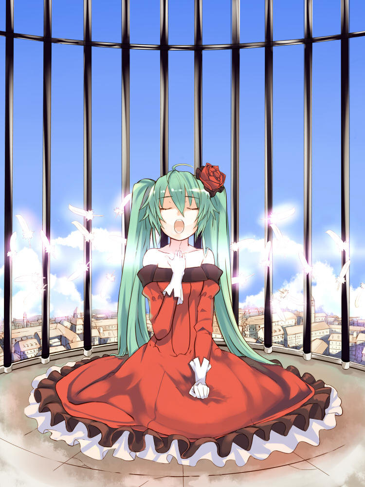 shiromiso, hatsune miku, vocaloid, 1girl, ahoge, aqua hair, bare shoulders, cage, closed eyes, day, dress, feathers, female focus, flower, gloves, hair ornament, long hair, music, open mouth, red dress, rose, singing, sitting, sky, solo, twintails