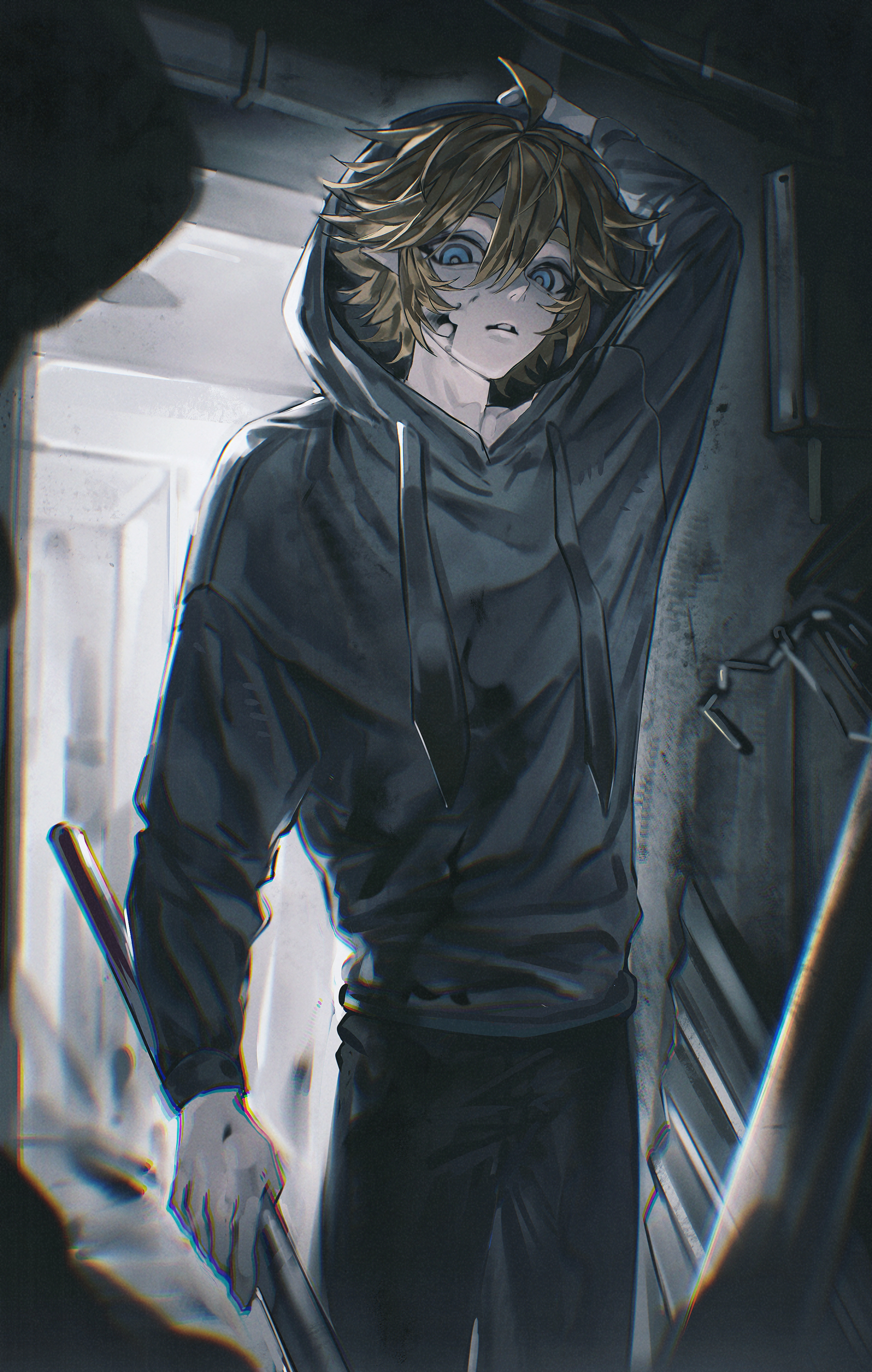 junge914, king (aotu world), aotu world, absurdres, chinese commentary, highres, 1boy, ahoge, alternate costume, arm up, baseball bat, black pants, blonde hair, blood, blood on face, blood on hands, blue eyes, cowboy shot, crossed bangs, drawstring, grey hoodie, hair between eyes, holding, holding baseball bat, holding weapon, hood, hood up, hoodie, indoors, long sleeves, looking at viewer, male focus, pants, parted lips, pointy ears, short hair, solo, standing, weapon