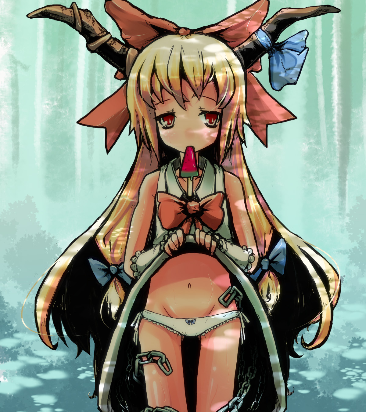 ooka (skavler), skavler, ibuki suika, touhou, highres, 1girl, blonde hair, bow, chain, clothes lift, dress, dress lift, female focus, food, fruit, groin, horns, long hair, navel, panties, popsicle, red eyes, skirt, skirt lift, solo, underwear, very long hair, watermelon, watermelon bar