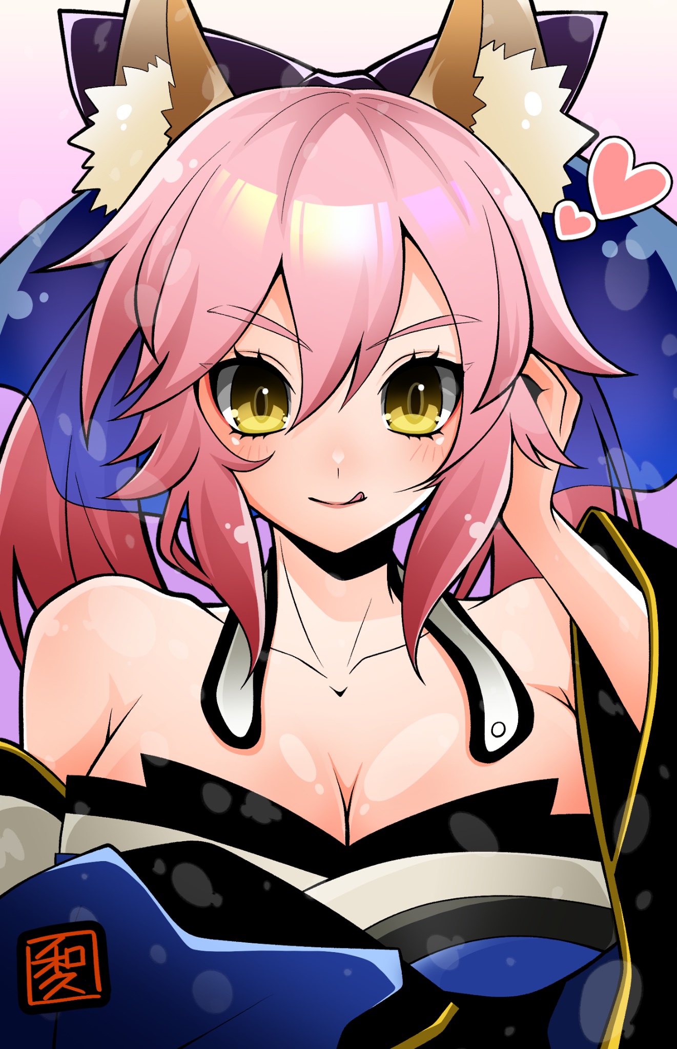 wagu neru, tamamo no mae (fate), fate/extra, fate (series), highres, 1girl, animal ear fluff, animal ears, bare shoulders, blue bow, blue kimono, bow, breasts, cleavage, detached collar, detached sleeves, fox ears, fox girl, fox tail, hair between eyes, hair bow, japanese clothes, kimono, large breasts, licking lips, long hair, looking at viewer, pink hair, sidelocks, smile, solo, tail, tongue, tongue out, twintails, wide sleeves, yellow eyes