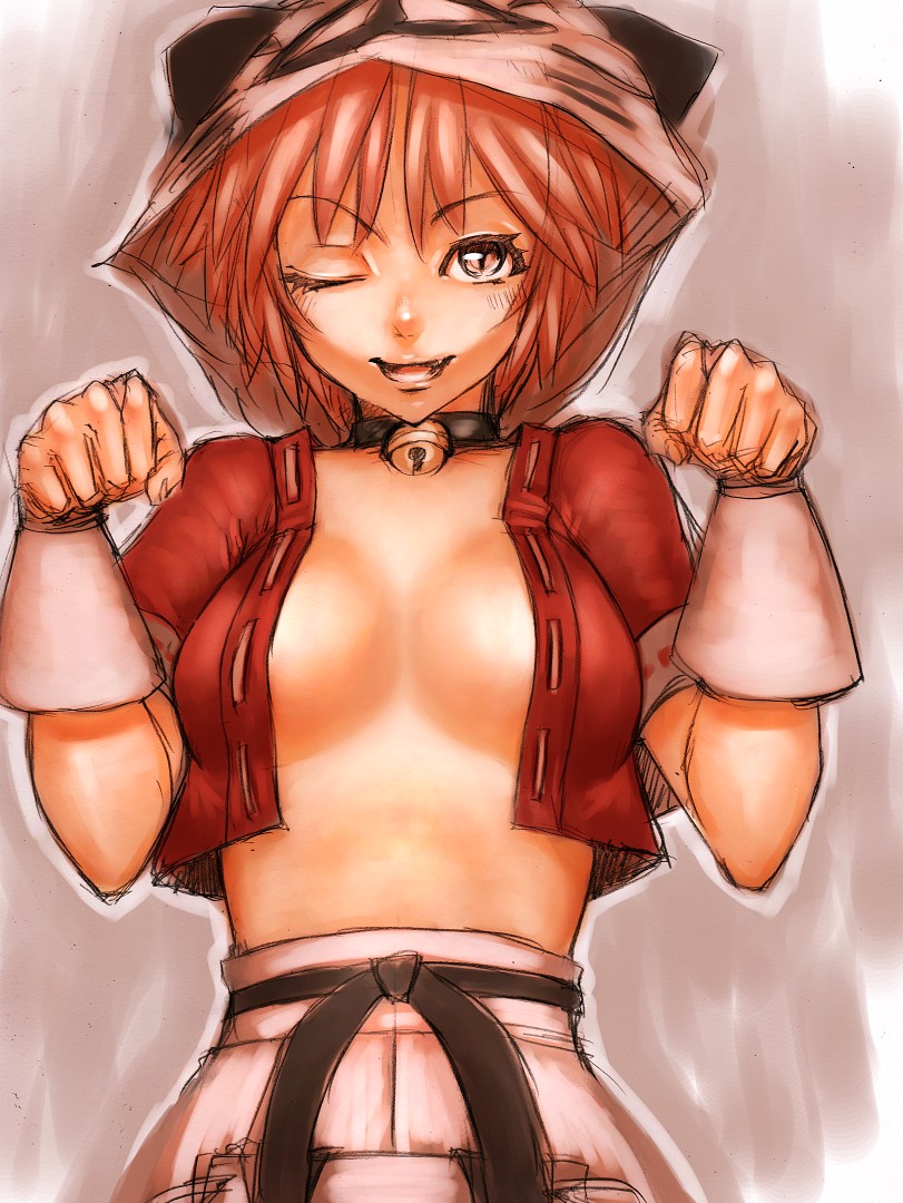 fumio (rsqkr), nekomata-chan, arc system works, guilty gear, original, 1girl, bell, female focus, nekomata, one eye closed, open clothes, open shirt, shirt, sketch, solo, wink