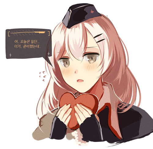 silence girl, svd (girls' frontline), girls' frontline, korean commentary, lowres, 1girl, black gloves, black hat, gift, gloves, grey eyes, hat, holding, holding gift, light blush, long hair, open mouth, talking, white background, white hair