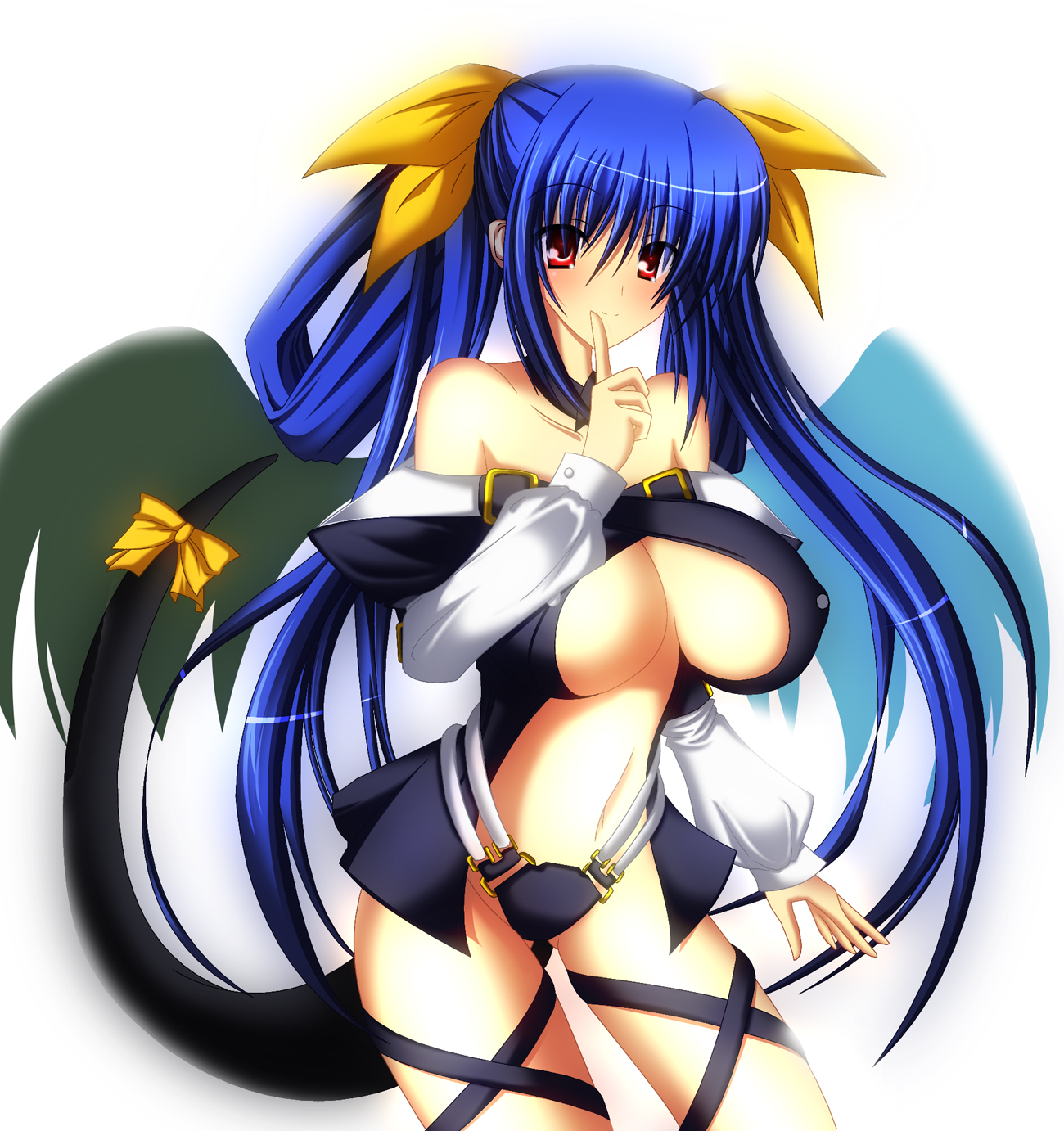 chubame, dizzy (guilty gear), arc system works, guilty gear, highres, 1girl, asymmetrical wings, blue hair, blush, bow, breasts, choker, cleavage, female focus, finger to mouth, hair bow, large breasts, long hair, midriff, red eyes, ribbon, solo, tail, tail ornament, tail ribbon, twintails, underboob, wings