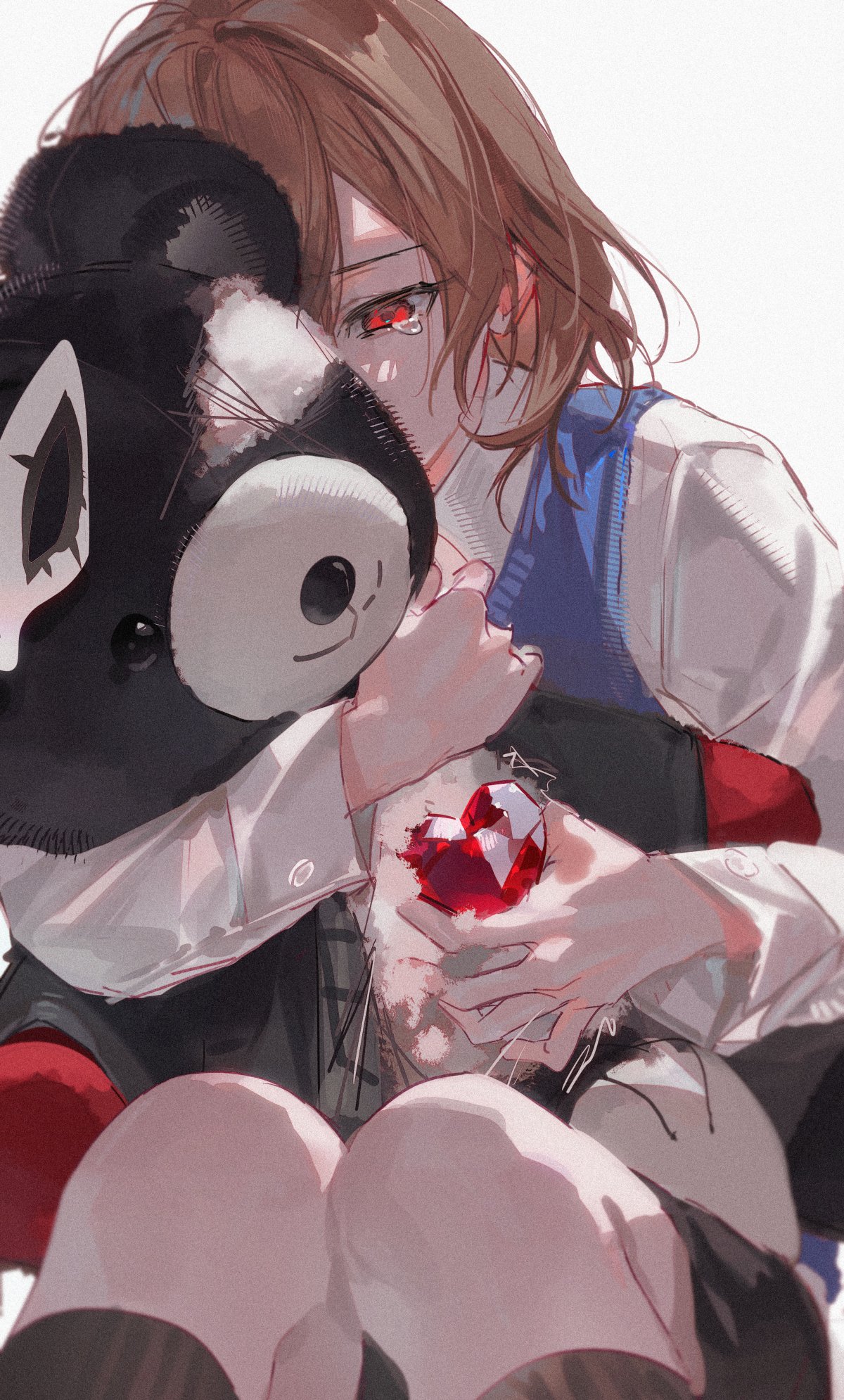 doran (doran7280), akechi gorou, amamiya ren, joker (persona 5), persona, persona 5, commentary, highres, symbol-only commentary, 1boy, aged down, black shorts, blue vest, brown hair, crying, crying with eyes open, feet out of frame, heart, holding, holding stuffed toy, knees up, long sleeves, male focus, medium hair, objectification, one eye covered, red eyes, shirt, shorts, simple background, sitting, stuffed animal, stuffed toy, tears, teddy bear, vest, white background, white shirt