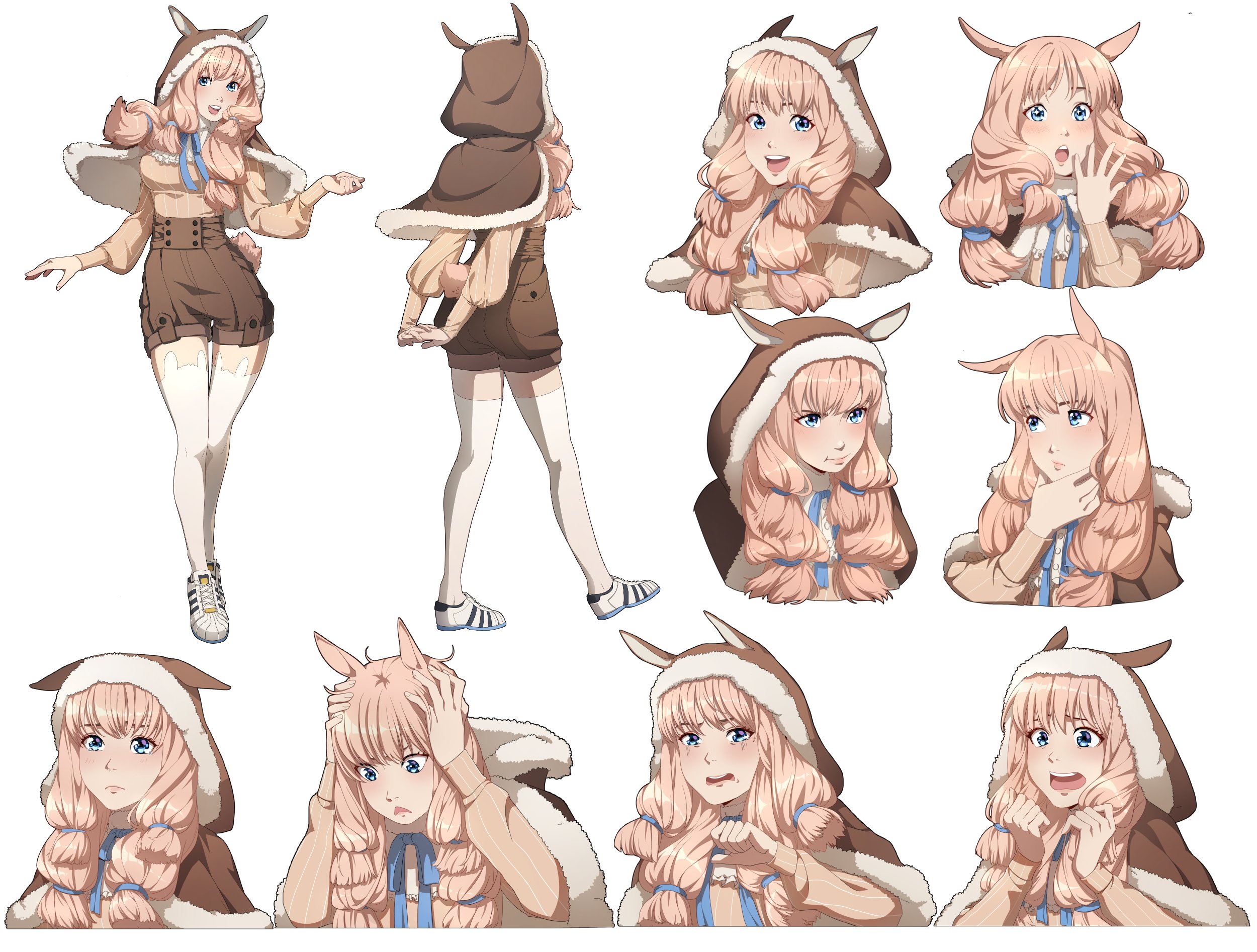 benteja, indie virtual youtuber, commentary, commission, english commentary, highres, 1girl, :o, alpaca ears, alpaca tail, animal ear legwear, animal ears, arms behind back, blunt tresses, breasts, capelet, eyebrows hidden by hair, frown, fur-trimmed capelet, fur-trimmed hood, fur trim, hands on own head, high-waist shorts, hood, hood down, hood up, hooded capelet, long sleeves, medium breasts, meme, nini neen, not like this (meme), open mouth, pout, puffy long sleeves, puffy sleeves, shirt, shoes, short shorts, shorts, smile, sneakers, striped clothes, striped shirt, tail, thighhighs, thinking, virtual youtuber, white shoes, white thighhighs