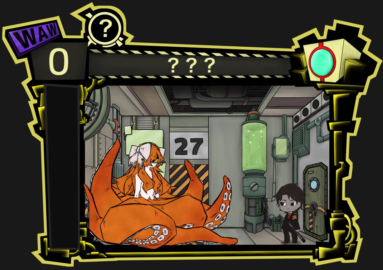 employee (project moon), heathcliff (project moon), ishmael (project moon), nugget (project moon), limbus company, lobotomy corporation, project moon, 1boy, 1girl, ?, ??, black jacket, black pants, bow, containment unit, enkephalin (project moon), full body, hair bow, jacket, long hair, medakaiintyou01, monster girl, orange hair, pants, scylla, sidelocks, standing, tentacles, topless female, very long hair, white bow