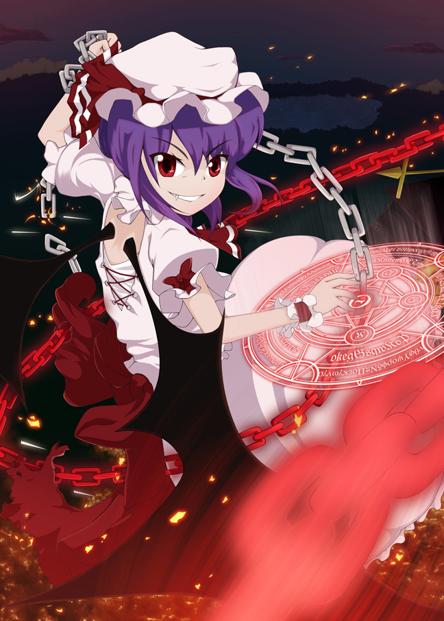 ilis, remilia scarlet, touhou, 1girl, bat wings, chain, fang, female focus, grin, magic circle, purple hair, red eyes, short hair, smile, solo, wings