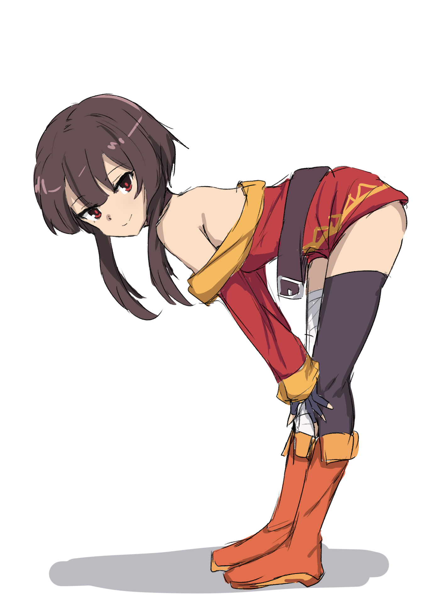 kenpopor18, megumin, kono subarashii sekai ni shukufuku wo!, commentary, highres, 1girl, ass, asymmetrical legwear, bandaged leg, bandages, bare shoulders, belt, belt buckle, bent over, black thighhighs, boots, bright pupils, brown belt, brown hair, buckle, closed mouth, dress, from side, full body, hands on own knees, knee boots, long sleeves, looking at viewer, looking to the side, loose belt, off-shoulder dress, off shoulder, orange boots, red eyes, shadow, short dress, short hair, short hair with long locks, sidelocks, single thighhigh, sketch, smile, solo, standing, thighhighs, turning head, yellow trim